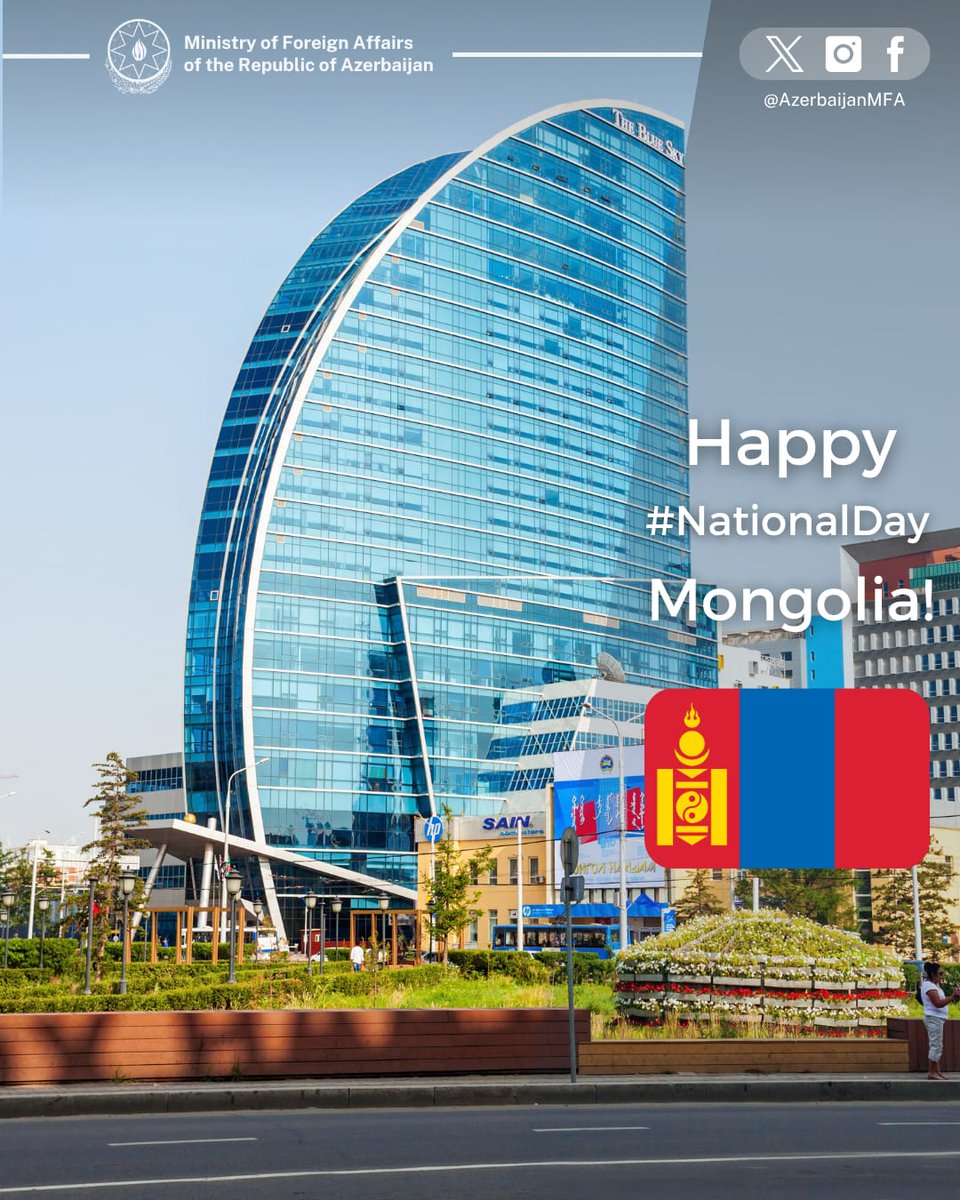 AzerbaijanMFA's tweet photo. Warm congratulations to the Government and People of #Mongolia on the occasion of their National Day!

We extend our sincere wishes for continued peace, prosperity, and well-being to the friendly people of Mongolia.

Happy National Day! 🇦🇿🇲🇳

@MFA_Mongolia https://t.co/JxPkDbRpCN