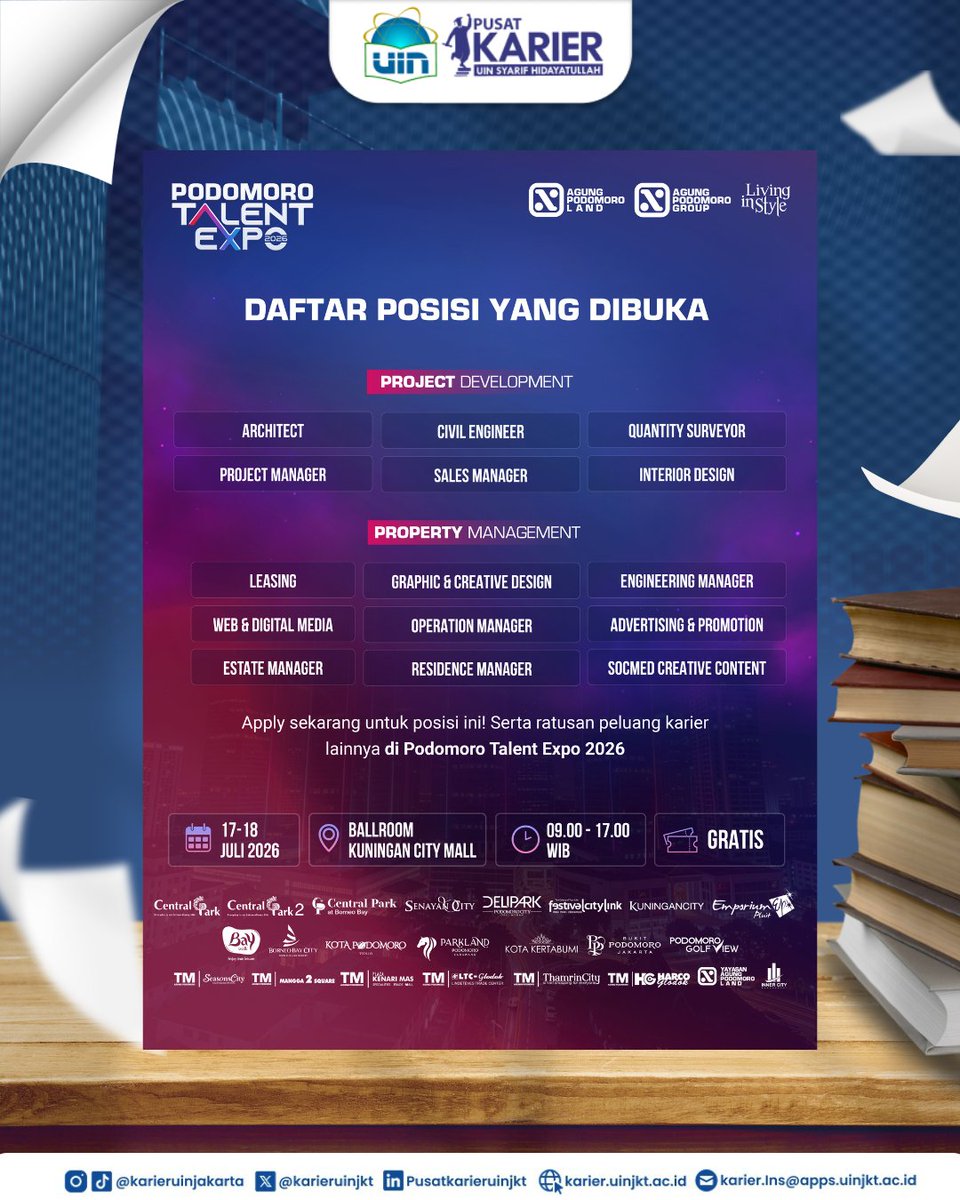 karieruinjkt's tweet photo. 📅 17–18 Juli 2026
🕘 09.00–17.00 WIB
📍 Grand Ballroom Lt. 7, Kuningan City Mall, Jakarta Selatan
🎟️ GRATIS untuk seluruh pencari kerja

Link registrasi: https://t.co/z7jjZYQDxb

Siapkan CV terbaikmu dan sampai jumpa di Podomoro Talent Expo 2026! 💼✨ https://t.co/VnDJaaXXCg