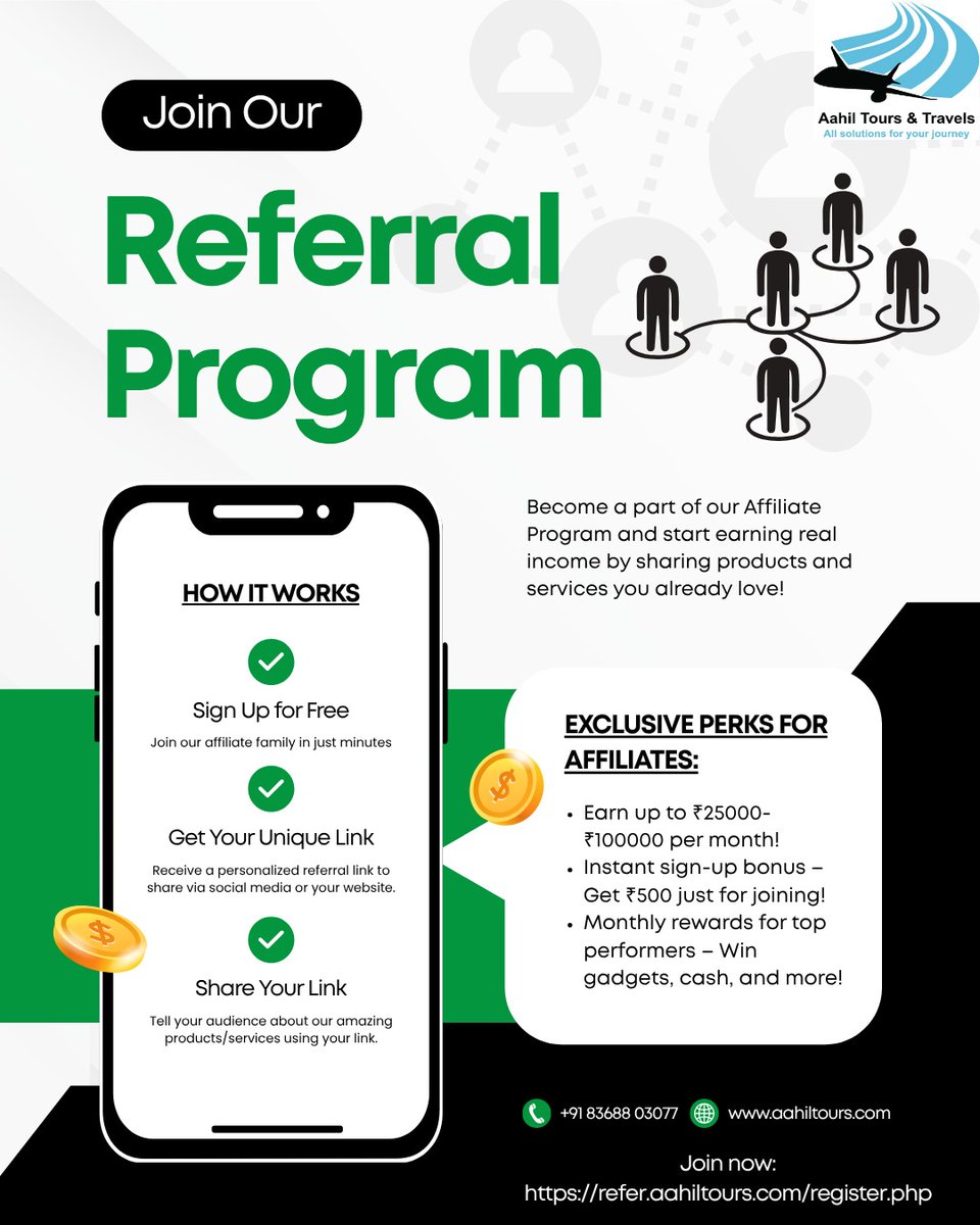 aahiltours's tweet photo. Earn real income with Aahil Tours &amp; Travels Referral Program  Join FREE, get your unique referral link &amp; earn on every successful booking. 🎁 Instant ₹500 bonus  No investment—just share &amp; earn  
+91-8368803077 | +91-9580828826
E-mail:care@aahiltours.com | lucknow@aahiltours.com https://t.co/Z0klT7sa1p