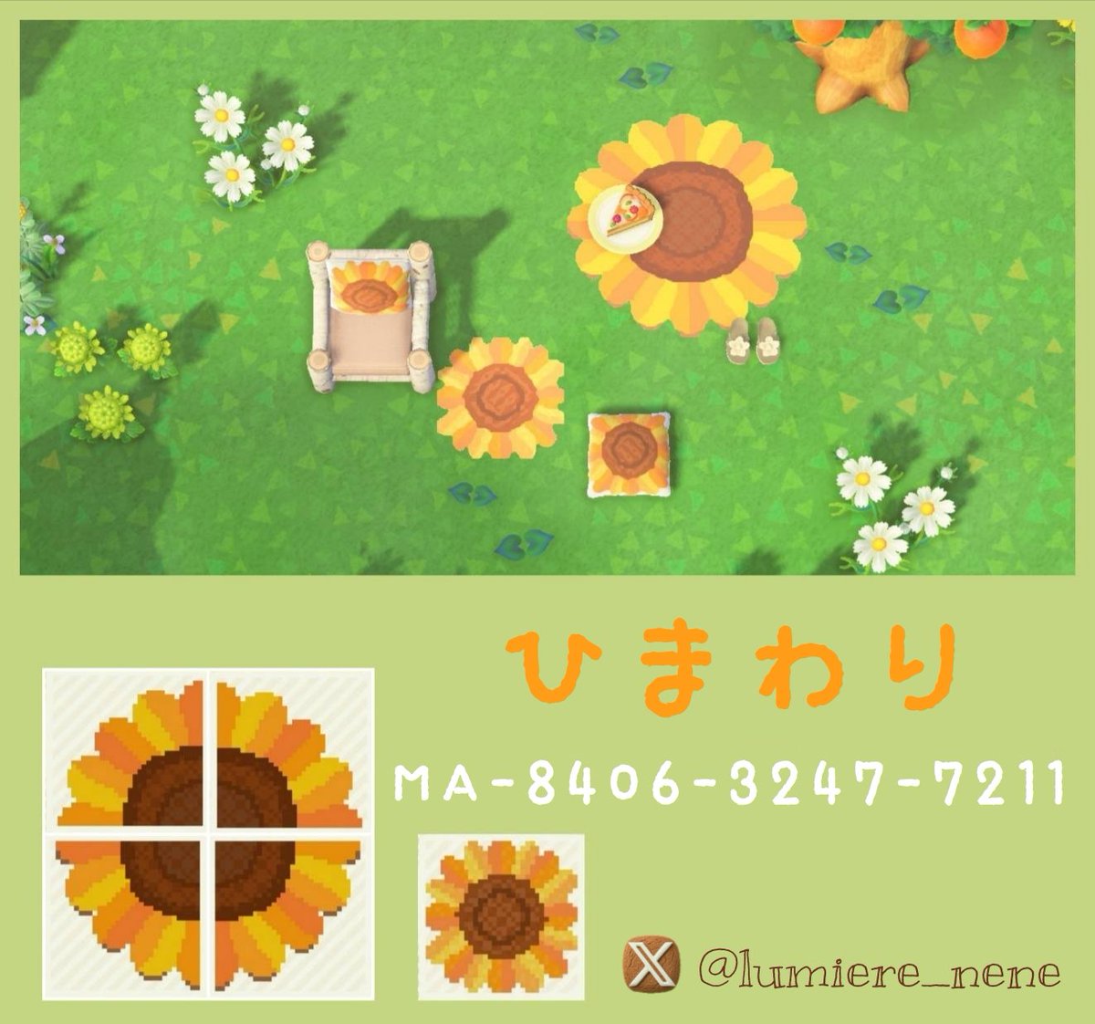 lumiere_nene's tweet photo. 🌻´-

ひまわりのラグが外でも使いたいなと思って以前描いたマイデザです✎﹏﹏¸

1マスの物もクッション等に使いやすいと思いますので
良かったらお使いください🌻⑅ᵕ̈

MA-8406-3247-7211

#あつ森 #あつまれどうぶつの森 
#マイデザイン配布 #マイデザイン https://t.co/edSjuoQDoc