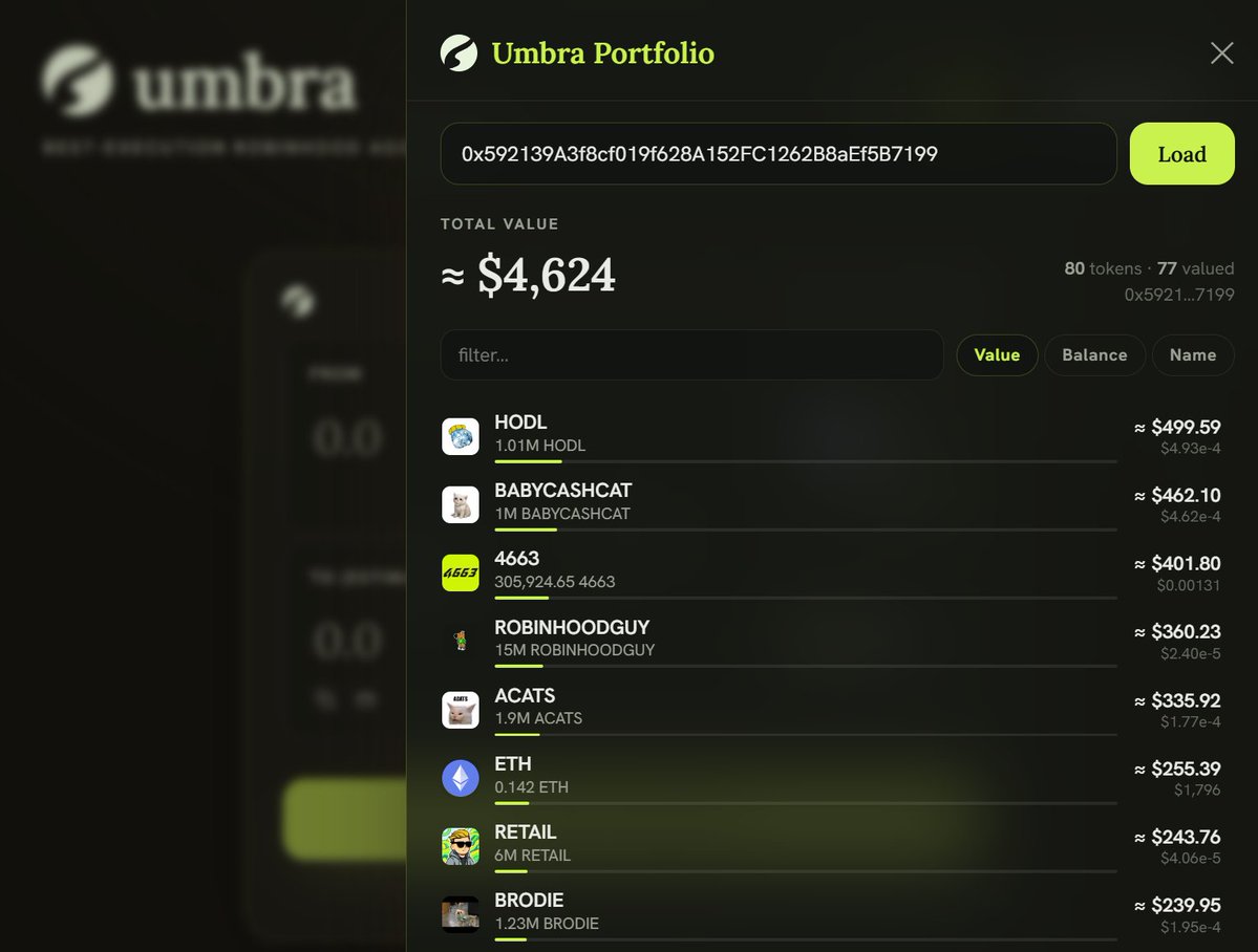 GigaTheMinter's tweet photo. Umbra has a Robinhood portfolio viewer active now. 

Rabby and others don't support unlisted tokens so this is the best way to find all those small memes https://t.co/hZFEkuF0a8