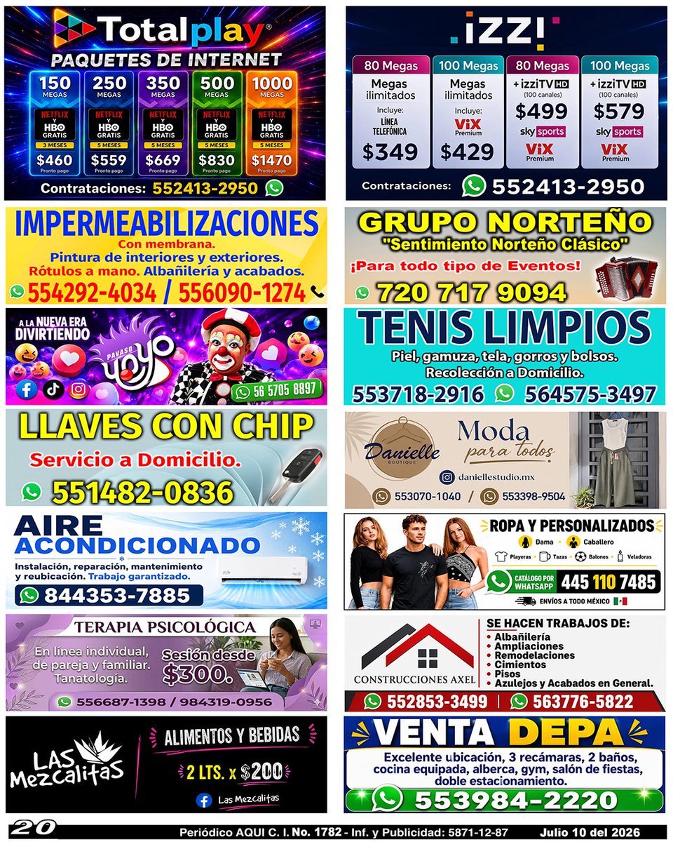 periodicoAQUI's tweet photo. #TOTALPLAY #IZZI #Impermeabilizaciones #gruponorteño #payaso #tenislimpios #LlavesconCHIP #boutique #AireAcondicionado #Promocionales #psicoterapia #construcciones #mezcalitas #departamentoenventa #AQUICUAUTITLÁNIZCALLI
https://t.co/nhsGHRaPrg https://t.co/FYT9p34UHg