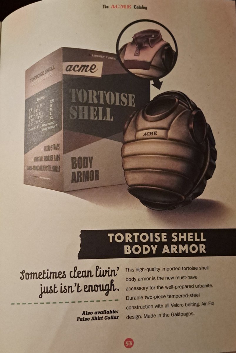 BenWalker2001's tweet photo. ACME product of the day
"Tortoise Shell Body Armor"
#CoyoteVSACME💥
#WileECoyote💣
#RoadRunner🐦
#LooneyTunes🧨
#ACMEFiles📃
#ACMESucks https://t.co/ev1yvN9off