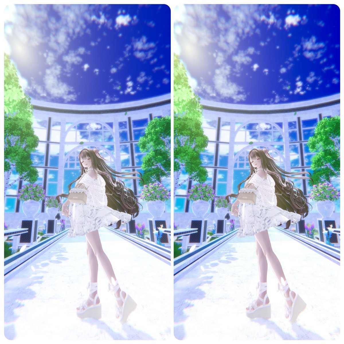mari_xxx_VRC's tweet photo. VRC写真初心者🔰向け！
私のVRCでの写真の撮りかた講座。
フォトグラファーではないので参考程度までにどうぞ(超長いです)

🌼参考レタッチ前後(左が前、右が後)
ゲーム内での記憶色に基づいて色温度を調整してますが、レタッチしなくてもいいように撮ってます📷
レタッチはiPhoneの写真アプリで暖かみと色合いをちょこっとあげてます。

使っているのはノーマルカメラとLLC(Light Limit Changer For MA v2)
ワールドにもよるけど基本的にちょっぴり暗いので、少しだけカメラの明るさ(Eの値)を上げると良いです💡
あとはズームを活用しましょう！

🌼ズーム機能(Zの値)
標準よりマイナスにする→広角気味になり、下から撮ることで空を写したり、奥行きが出せる(3枚目)。

標準よりプラスにする→専門的なことはわかりませんが、歪まず綺麗に撮れます。アバターをメインに撮りたいなら少しズーム気味にすると良いです◎(1.2.4枚目)

🌼フォーカスについて
ノーマルカメラのフォーカスはズームにすればするほど滲みます。逆に引けば引くほどフォーカスはかかりづらくなります。

アバターがメインならフォーカスが強めの方が被写体が際立つし、背景も写したいなら抑えめにするのがいいと思います。

私はセミオートで、ズームを半分くらい、絞り値も半分くらいで取ることが多いです。この辺はいじってると段々慣れてくると思います！

フォーカスを入れた状態で、写したい対象をクリック(タップ)すると、クリックした部分に標準が合います。

⚠️衣装によってフォーカス入れると溶けてなくなるものがあります(レースとか)
その場合は面倒だけどunity側の対象マテリアルのレンダリング設定の数値を低めに設定してあげると改善するかもしないかも(私はめんどくさいからフォーカス弱める)

🌼構図などについて
どこに太陽(光)があって、地面にどう影が落ちているかを確認してLLCでの光の当たる角度(光源の向き)の調整をしています。
3枚目は左上に太陽があって、足元の影を見ると左後ろから右下に向かって光が当たっていることがわかります。
勝手に光や陰が入るワールドの場合はLLCは使いません。

🌼髪の毛や服がなびいている理由
髪や服の動きは、ポーズさせてからタイマーにしてシャッターの直前にアバターを横揺れさせているだけです(CかZで座らせるとゆっくり動かせて良いです)。
アバターポーズシステムで一本ずつ固定させる方法もあるけど、途方もない労力なので撮りたい構図が定まってない方にはおすすめできません。

私はほぼデスクトップ撮影で、ポーズギミックを使っています(ているしょっぷさんのポーズ集がオススメです)

髪の毛や服の動かし方の参考としては、1.2枚目は室内で撮ってるので風はないはずだから静止状態ですが、3枚目はワールドの葉っぱが左側から散っていたので、アバターを左に動かして左側から風が吹いているように見せている。みたいな感じです。

こうしてなんとなくワールドと調和させて『そこに存在している感』を出してます。

この風の有無、方角、影の入り方を気をつけるだけで変わると思います。
私はカメラギミック、影系ギミック、肌テクスチャは使っていないので初心者さんでもマネしやすいかなと！

最近のワールドはちゃんと太陽の方角に基づいて影が落ちるところが多いので、撮りやすいワールド選びをすれば有料LLCがなくても大丈夫だと思います♬

⚠️マリシアちゃん表情を固定したい→1Pと2Pの表情を切り替えるボタン(猫のマーク)があるので、好きな表情のタイミングでオフにすればその状態で固まるので活用してね！

最近はレタッチ技術も撮影技術も格段に上手い方がたくさんいるので、デスクトップだからとか、レタッチが出来ないからとかで撮ること自体を諦めてしまうかもですが、ノーマルカメラでデスクトップでも結構撮れるんだよ〜！と、少しでも楽しくアバターを撮る参考になれば良いなと思います✨