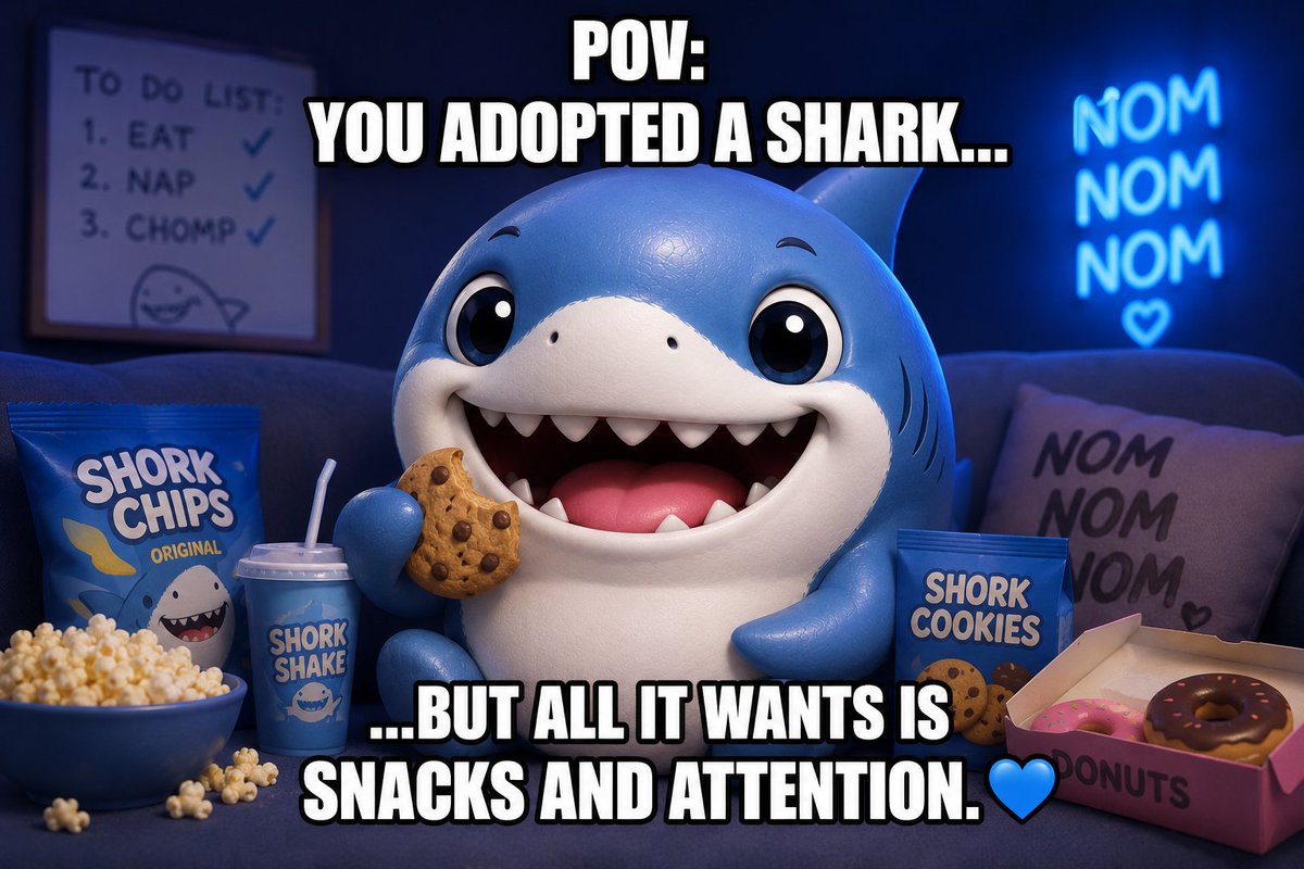 ShorkonX's tweet photo. POV: You gave SHORK one snack.

Now he lives on your couch. 🦈 https://t.co/DkkLbysLLX