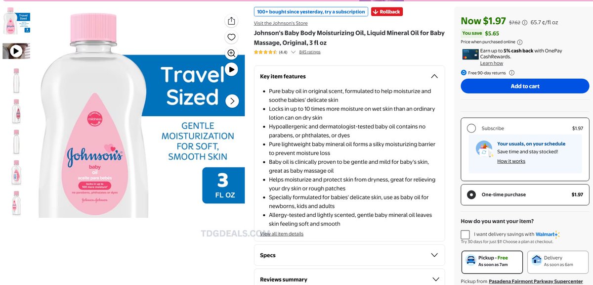 thedealsguy_'s tweet photo. JOHNSON’S BABY OIL DEAL 🍼

Johnson’s Baby Body Moisturizing Oil, 3oz travel size, is down to $1.97 at Walmart.

Normally $7.62, so that’s $5.65 off.

Great add-on for pickup or delivery orders.

https://t.co/r7SuzolZjU

#WalmartPartner #ad https://t.co/4dFu5M6d36