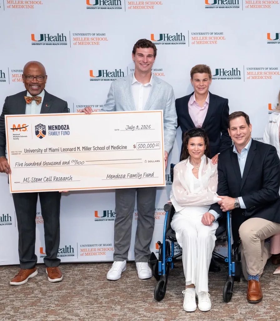 Sachinettiyil's tweet photo. Fernando Mendoza, the Las Vegas Raiders Catholic quarterback and 2026 Heisman Trophy winner, donated $500,000 to the University of Miami Health System and the UM Miller School of Medicine to advance stem cell research on multiple sclerosis, the condition his mother suffers from.

Info: WSVN