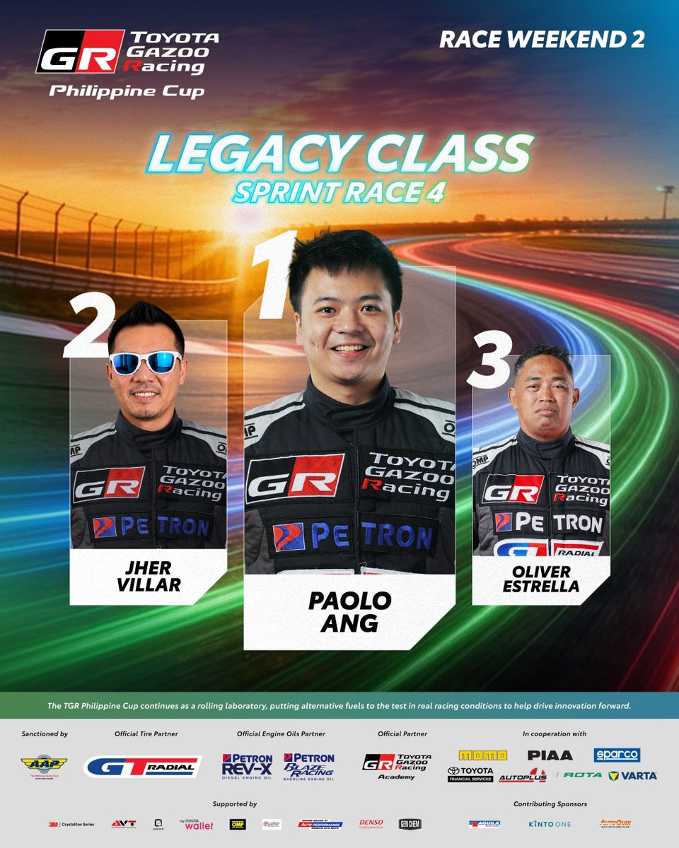 TGRPhilippines's tweet photo. Your Tamaraw Sprint Race 4 Winners ​

🥇Paolo Ang
🥈Jher Villar
🥉Oliver Estrella

#TGRPhilippineCup2026 #TOYOTAGAZOORacing #PushingTheLimitsForBetter #TGRPhilippines https://t.co/7kt3uEx4Ui