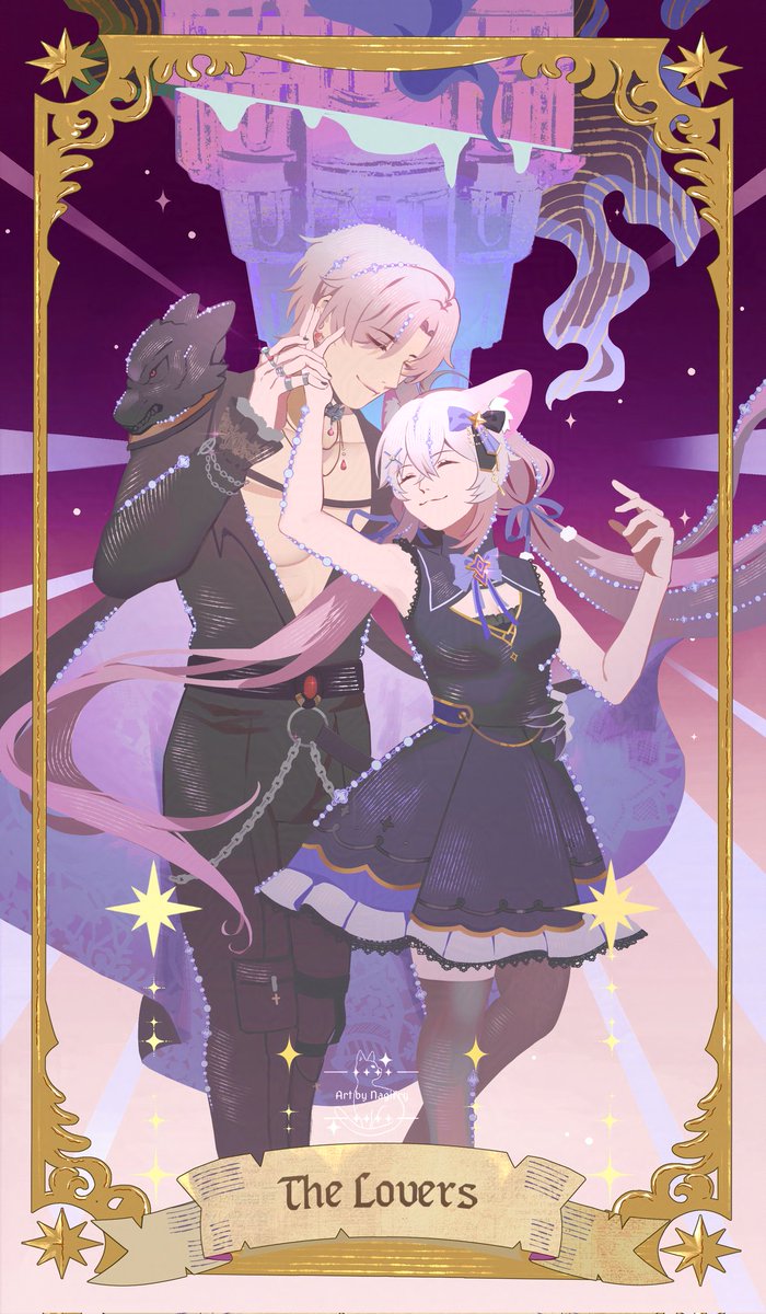 katmandough's tweet photo. A tarot card(by Nagi) for Aethel, the undying castle lord, and Nyanners. The deck didn’t reveal The Lovers, it revealed an arcana born from immortal oathbinding and feral moon‑touched mischief, the kind of card that only appears when fate itself gets curious.
#nyanart #aethelart https://t.co/R3e1551NGQ