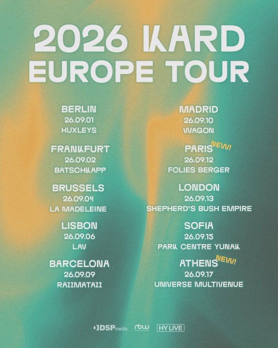 KARD_Official's tweet photo. [🔔]
2026 KARD EUROPE TOUR 일정 안내  (+수정 260711) (ENG)

🔗 https://t.co/0jRWFZ6sYq

#KARD #카드 
#KARDTour2026 #KARDinEUROPE
#DSPmedia #HYLIVE https://t.co/0fw1jNH1Ix