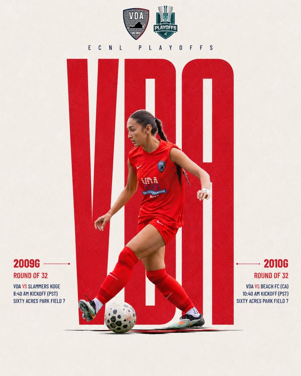 vdasoccer's tweet photo. Round of 32. 🔥

Best of luck to our 2009G &amp; 2010G squads as they kick off their ECNL Playoffs journey today, battling for a spot in tomorrow’s Sweet Sixteen. Let’s get it done. 👊🏼

#LetsGoVDA https://t.co/8OP2yfzhwK