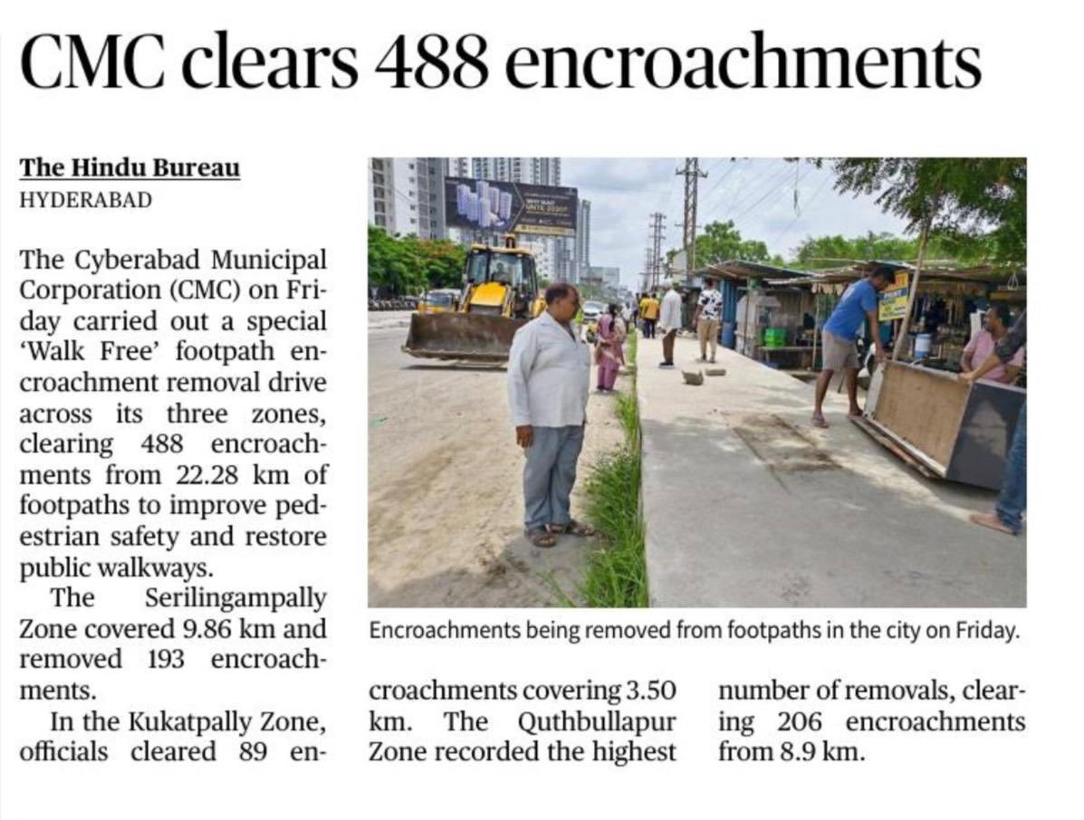 InfiniteHyd's tweet photo. Walk Free Hyderabad!
Cyberabad Municipal Corporation cleared 488 footpath encroachments across 22.28 km, making public walkways safer and more accessible for pedestrians.
A step towards a cleaner, more walkable Hyderabad. 👏
#Hyderabad #Cyberabad #WalkFree #UrbanDevelopment https://t.co/DbBhoIwrZI