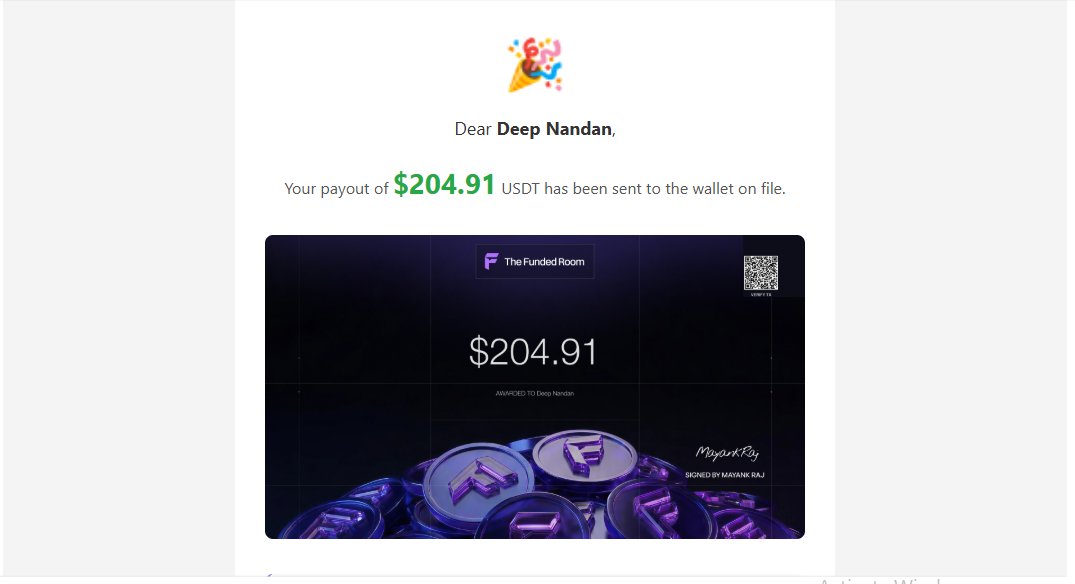 Deepnandan28084's tweet photo. @thefundedroom This was my first payout of $204, received in May, and it gave me even more confidence to keep improving my Self.

A special thanks  to Sir Mayank Raj, the founder of TTR, for creating such an amazing platform.

Dil se thank you, Sir! ❤️ Much love and respect. 🙏 https://t.co/Jhn883L9dl