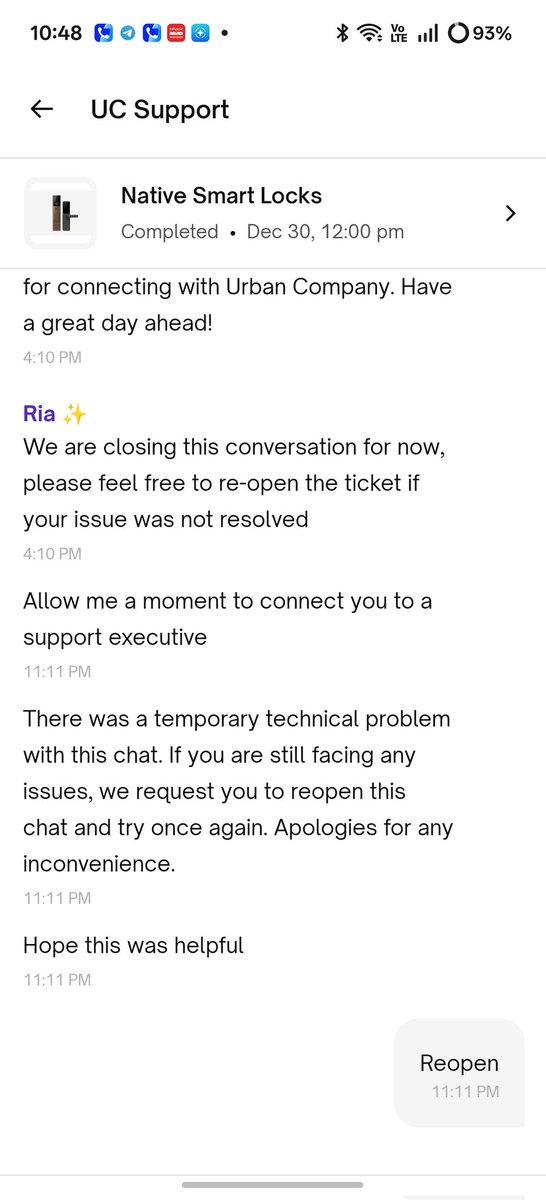 myselfjit's tweet photo. See the issue, the chatbot isn't allowing me to open a new issue regarding my native lock. Pls call me and fix this issue ASAP, the lock is under warranty until 20 Jul 2028 https://t.co/1NJ4yLxAHq