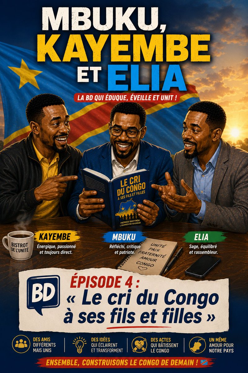 patrickanyinda1's tweet photo. 🇨🇩 Bonjour chers compatriotes !

Excellente journée à toutes et à tous.

Aujourd'hui, ne manquez pas le 4ᵉ épisode de la bande dessinée « Mbuku, Kayembe et Elia » intitulé :

📖 « Le cri du Congo à ses fils et filles »

Une histoire émouvante, pleine d'humour et de patriotisme, qui nous rappelle que l'unité, la paix et l'amour du Congo commencent par chacun de nous.

⏰ Rendez-vous aujourd'hui sur cette page. Parcourez toutes les planches, laissez un ❤️, partagez-les autour de vous et faisons voyager les messages qui construisent notre nation.

🇨🇩 Bonne journée à tous, et que Dieu bénisse la République démocratique du Congo.

Patrick Kanyinda Mpoyi
L'Ouvrier du Seigneur