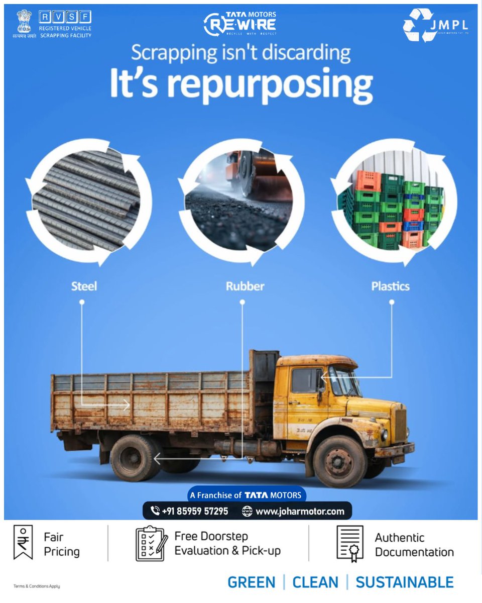 TataRewireJMPL's tweet photo. End-of-life vehicles still hold value when handled the right way. Tata Motors https://t.co/9F6YQTJQCC
पुरानी गाडी या स्क्रैप वाहन को बेचने के लिए अभी संपर्क करें - +918595957296
#tatarewirejmpl #GreenGoodbye #VehicleRecycling #EcoFriendly #InstantCash #DeclutterSmartly #REWIRE https://t.co/0PKek71JuI