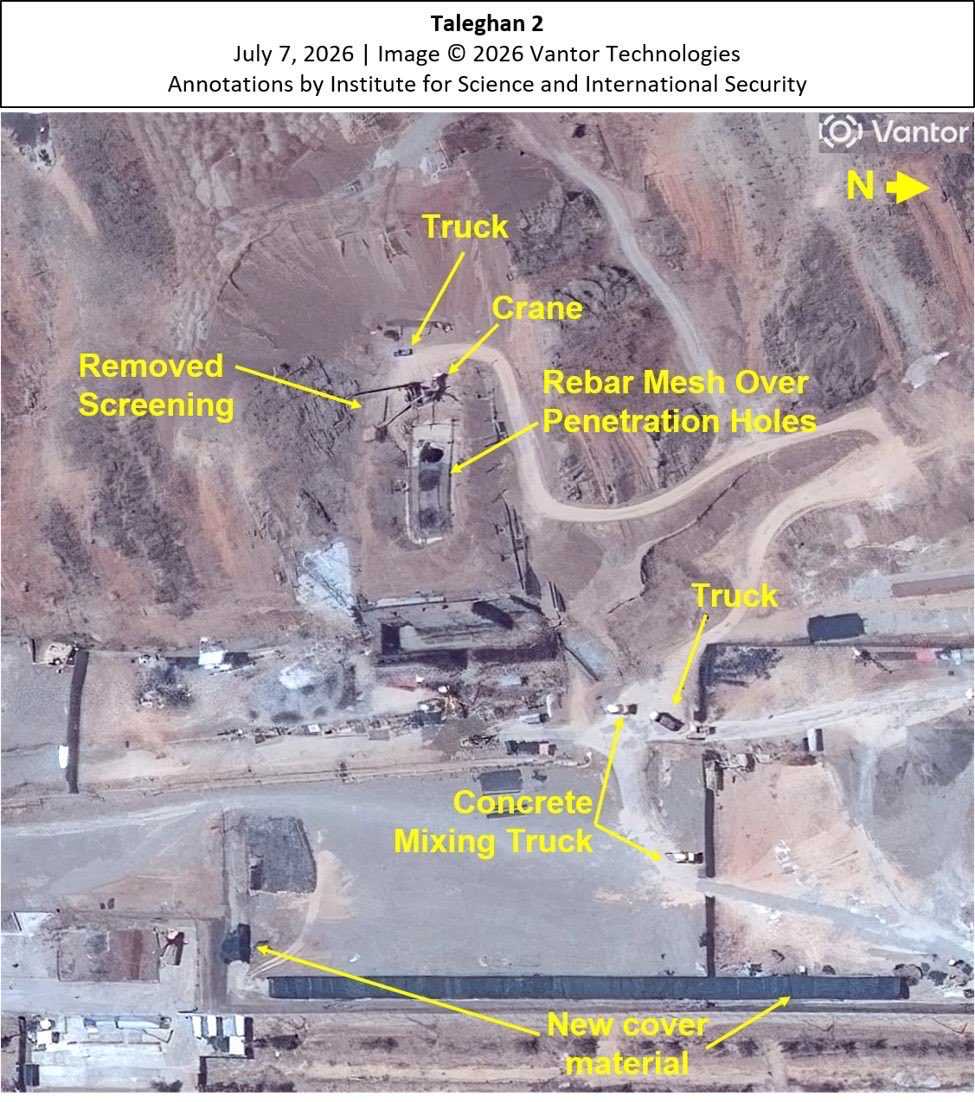 DAVIDHALBRIGHT1's tweet photo. We just released a report on June 10 showing significant, new attempted reconstruction activity at Taleghan 2, based on new imagery. Links are in a separate post. 

High resolution Airbus satellite imagery obtained by the Institute and @vantortech imagery provided to the Institute by @CNN from June and early July of the Taleghan 2 site, located within the Parchin Military Complex, shows significant activities indicative of an Iranian commitment to repair and reconstruct the site. The Vantor imagery were shared with the Institute by CNN and are part of a CNN video report that aired on June 10. 

While imagery from early June indicates damage assessment and clean-up, including the removal of debris and temporary covering of the three impact holes of the buried facility, the newer imagery shows renewed activity at the impact holes for more permanent sealing as well as additional concrete hardening of the site.  

This would be the second attempt of reconstruction at the site. The facility at Taleghan 2 was first destroyed in an Israeli airstrike in October 2024, razed, and subsequently rebuilt with visible construction efforts starting in May 2025.  The construction site was not attacked in June 2025, and it is not clear whether the facility had reached operational status by the time Israel destroyed it again in March 2026.  At that time, Iran was still working on hardening the site further, following the encasement in concrete and coverage by earth.  When the IDF attacked the site, it described the site as one “used by the Iranian regime to advance nuclear weapons capabilities,” and “used in recent years to develop advanced explosives.”  

These advanced explosives are needed in Iran’s nuclear weapon initiation system called the shock wave generator, an innovative system that allowed for a miniaturized implosion design. The shock wave generator was fully developed in the Amad Plan in the early 2000s with help of at least one former Soviet nuclear weapons compression expert. The high purity high  explosives used in the shock wave generator degrade and must be replaced periodically, necessitating ongoing manufacturing.