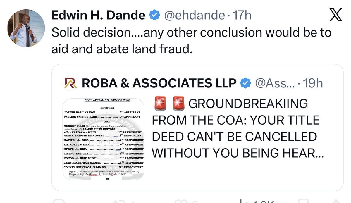 miamoreazure's tweet photo. Mr. Dande, @ehdande the Court of Appeal decision in Joseph Babu Kaangi is an important reaffirmation of procedural fairness, but it does not say what you suggest it says, and it certainly does not rewrite insolvency law. @joshuamalidzo @Ndonglaw043 @MwangoCapital @blackorwa @pwanyama @Kenyajudiciary 

The Court held that identifiable registered proprietors whose titles were directly targeted were entitled to be joined and heard before adverse orders affecting those titles were made. That is an affirmation of the constitutional right to be heard. Few would disagree with that.

But the Cytonn insolvency is a fundamentally different legal landscape.

In the Cytonn matter, the High Court had already placed the entities into liquidation. The Official Receiver was appointed by the Court as the statutory liquidator and was ordered to take custody and control of the assets of the insolvent estate. Those were not self-help measures by the Official Receiver; they were judicial orders made in the exercise of the Insolvency Court’s jurisdiction.

The Court further directed the Cytonn entities to surrender the original titles to the Official Receiver within seven days from an order issued on 24th November 2024. Compliance was not optional. It was a court decree.

Instead of complying, there was open defiance. The public declaration that “titles are not mandazis to be handed over easily” was not a legal argument. It was, at best, an expression of resistance to a subsisting court order.

When a party refuses to comply with a lawful decree, the law does not reward that defiance by paralysing the administration of justice. Courts possess both statutory and inherent powers to ensure that their judgments are implemented. @BRS_Kenya The Official Receiver’s subsequent acquisition of replacement titles was therefore not the cancellation of innocent third-party rights in the abstract; it was the implementation of an existing judicial decree after the original holders refused to obey the Court.

That distinction is everything.

The comparison with Kaangi overlooks an even more obvious point.

There has been no completed sale.

The Official Receiver presently holds the titles.

No innocent purchaser has had a completed registered title extinguished.

No downstream proprietor has been dispossessed after acquiring an indefeasible title.

The assets remain within the custody of the liquidation estate pending realization under the supervision of the Insolvency Court for the benefit of all creditors.

That is not remotely the factual matrix that confronted the Court of Appeal in Kaangi.

Nor should we lose sight of the underlying equitable question.

These properties were acquired using creditors’ money. That is precisely why the liquidation exists. Insolvency law is designed to prevent a scramble for assets and to ensure collective realization under judicial supervision. Once a liquidation order is made, the Court’s concern is not merely who physically holds a title document, but whether the assets belong to the insolvent estate for the benefit of all creditors.

Procedural fairness remains indispensable.

But procedural fairness cannot be converted into a licence to defeat a liquidation order by withholding title documents in direct defiance of the Court.

The irony is that the Kaangi decision reinforces, rather than undermines, the rule of law. It insists that courts follow due process. It does not authorise litigants to disregard valid court orders until they become inconvenient to obey.

The real lesson from Kaangi is not that “no title can be touched.” The lesson is that courts must hear those whose legally protected proprietary interests are directly at stake before finally determining those interests.

That principle sits comfortably alongside insolvency law.

What it does not do is invalidate a court-supervised liquidation, undo a lawful vesting order, or render ineffective judicial directions requiring the surrender of estate assets.