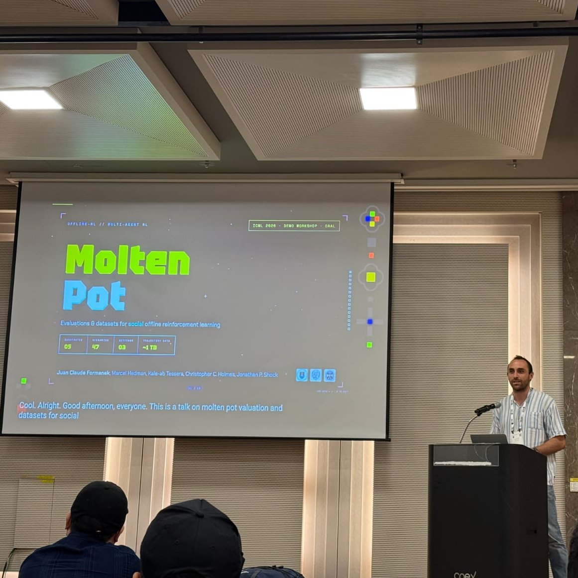 ClaudeFormanek's tweet photo. Just gave a presentation at an #ICML workshop on our Molten Pot: Evaluations and Datasets for Social Offline Reinforcement Learning! 🤖💬🤖Really happy that this paper received the Runner-up Best Paper Award 🥈

And congrats to co-lead author @hedman_marcel 🚀 https://t.co/g5o7U6ygED