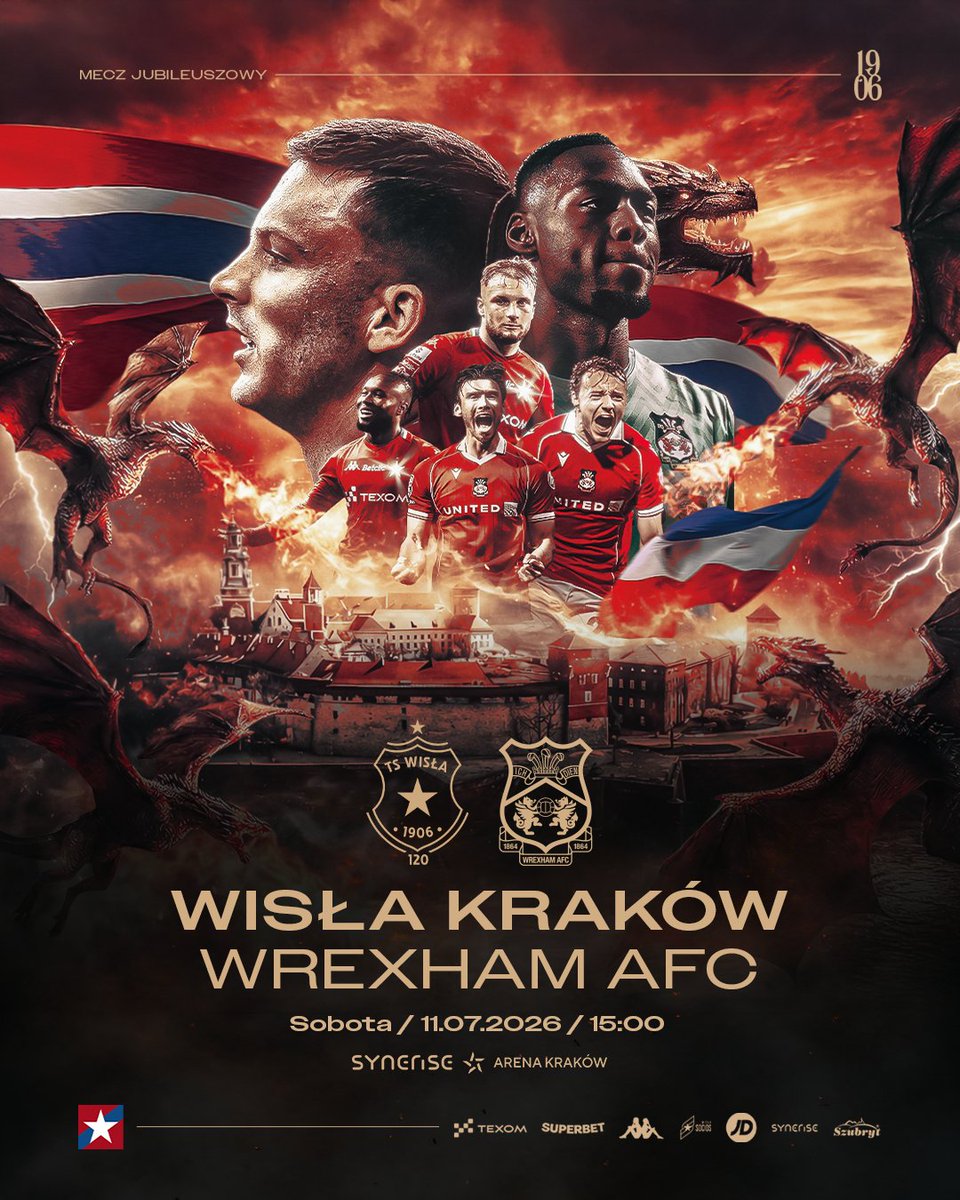 WislaKrakowSA's tweet photo. Święto Białej Gwiazdy już dzisiaj! 🔵⚪️🔴

🆚 @Wrexham_AFC  
🏆 Mecz Jubileuszowy 
⌚️ 15:00
🏟️ Synerise Arena Kraków
🎟️ https://t.co/GtYyuLKcsN
📺 @canalplus https://t.co/hoQe9SzsHc