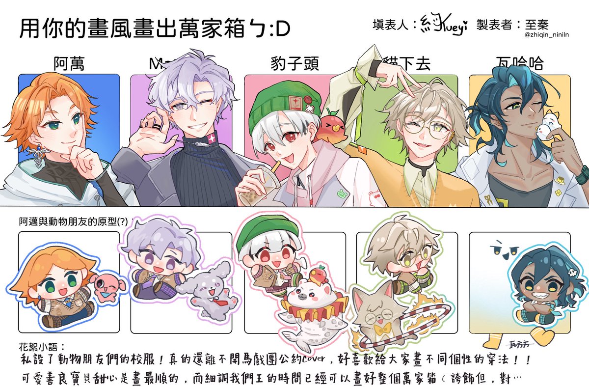Yueyilove17's tweet photo. 謝謝至秦的表格～讓人有填滿整張的衝動💪

我發現我畫豹哥都會帶上令果醬，真的好喜歡小蘋果豹的可愛模樣⋯⋯
再說一次真的好愛畫狗勾拉頸鏈🙏
阿萬大概在思考C5取2的問題（造謠
大智慧貓在依照粉肝的指示比動作（？
瓦哈哈在跟小瓦哈迷你瓦哈玩🥰

&amp;私設了全員制服超快樂嘿嘿～
#阿萬人迷 #no萬here https://t.co/mGofmi2fkU