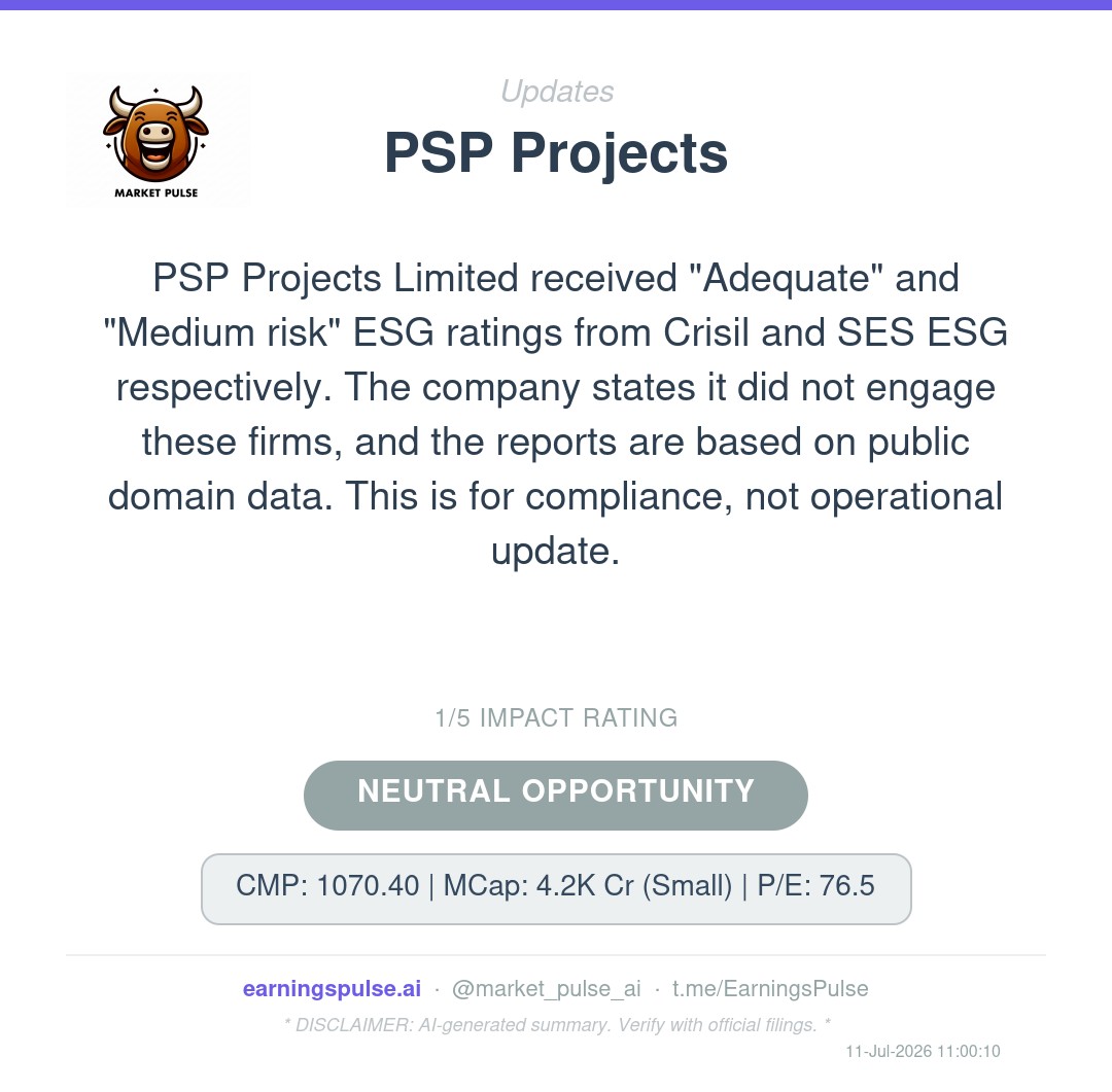 market_pulse_ai's tweet photo. π¨ #PSPPROJECT β Order Win
PSP Projects received ESG ratings; company did not engage firms.
#OrderWin #StockMarket https://t.co/LSwxnaD8cN
