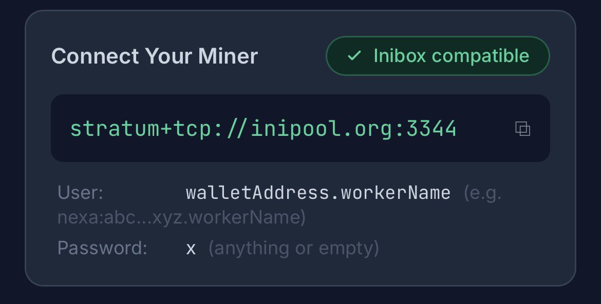 INIPool's tweet photo. @Jacklo37 Yes!

You just need a nexa wallet and change the stratum + user in your inibox.

Remember to include the “nexa:” prefix in the user wallet 👍 https://t.co/Y7jPnneX7S