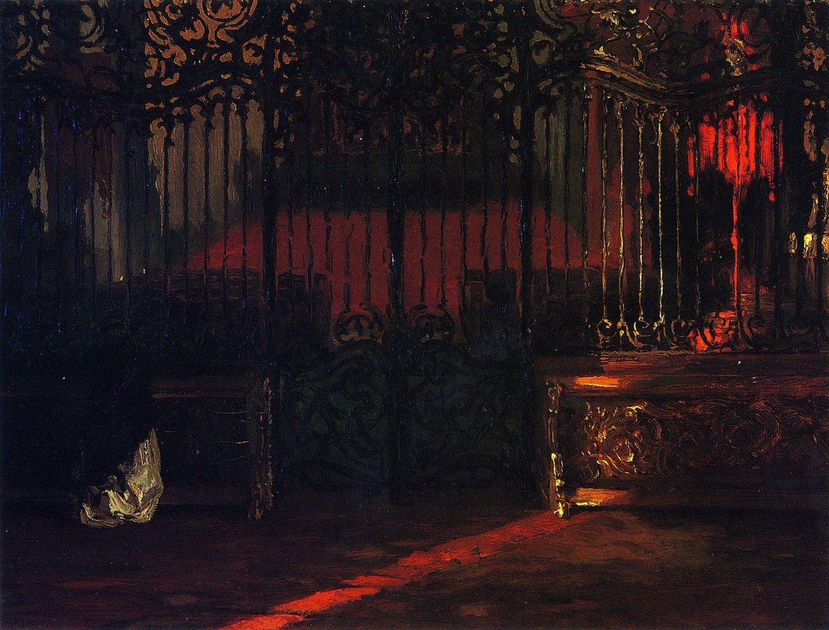 artenpedia's tweet photo. Adolph von Menzel, Church Interior with Woman at Prayer, before a Rococo Iron Grille, c.1855 https://t.co/3JzaDo8LXg