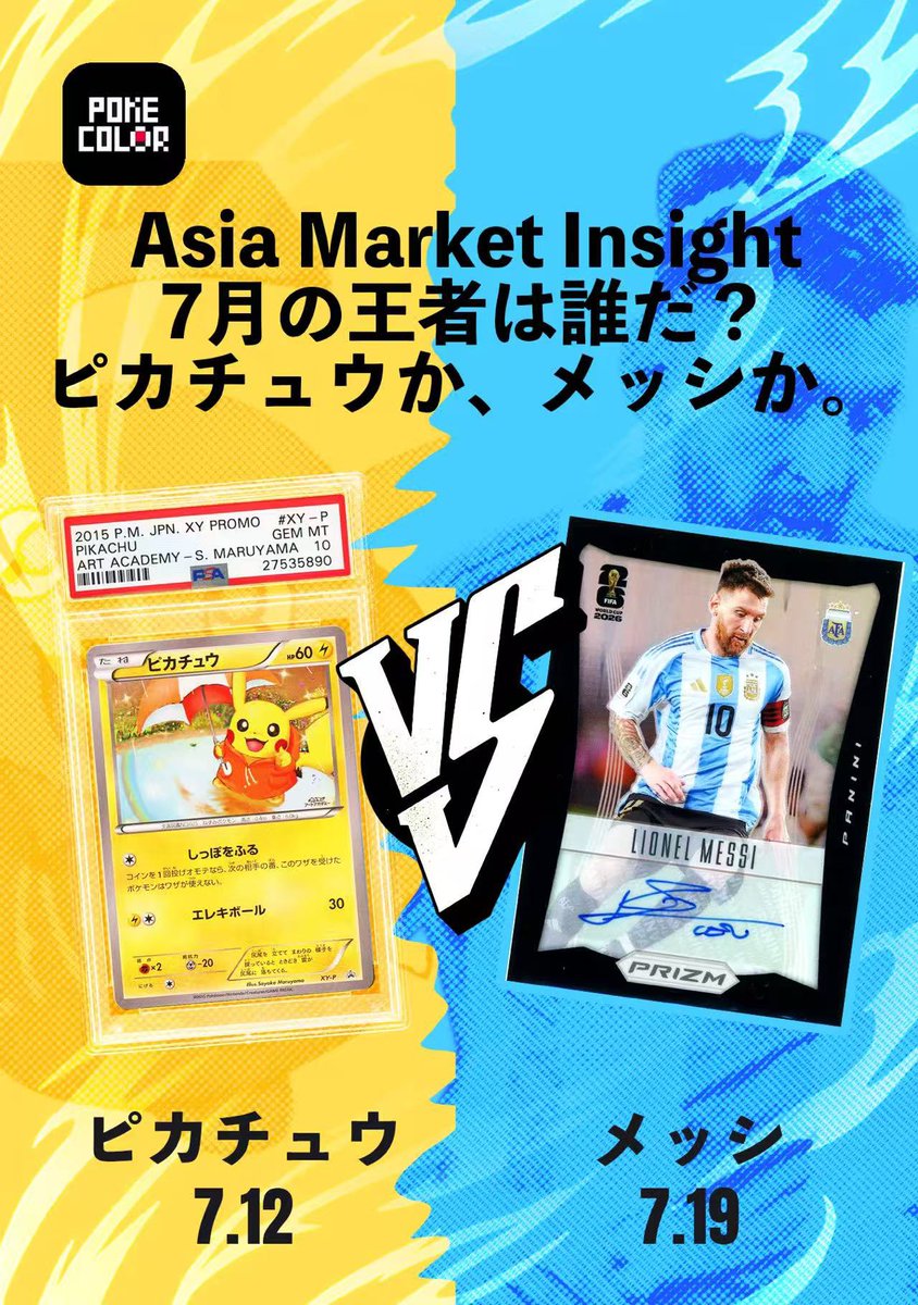 POKECOLOR_Japan's tweet photo. 👑 Asia Market Insight
7月のキングは誰だ?
⚡ピカチュウ アートアカデミー
🆚
⚽ Lionel Messi Prizm Black Throwback Signatures 1/1
市場が選ぶ、本当の王者。
結果はPOKECOLOR APPにて。
#Pokemon #Messi #Prizm #ポケカ #PSA #TCG #POKECOLOR https://t.co/VGXVWtK6eH