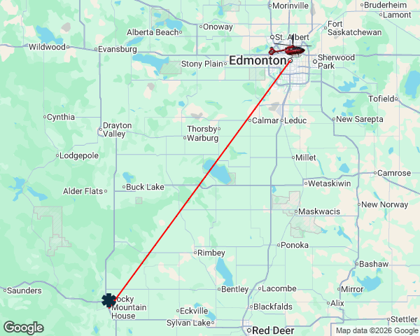 STARSambulance's tweet photo. 🚁 STAR-3 (Edmonton) has responded to a scene call in the Rocky Mountain House, AB area around 8:23 PM MDT. https://t.co/vOZaNQjVXY
