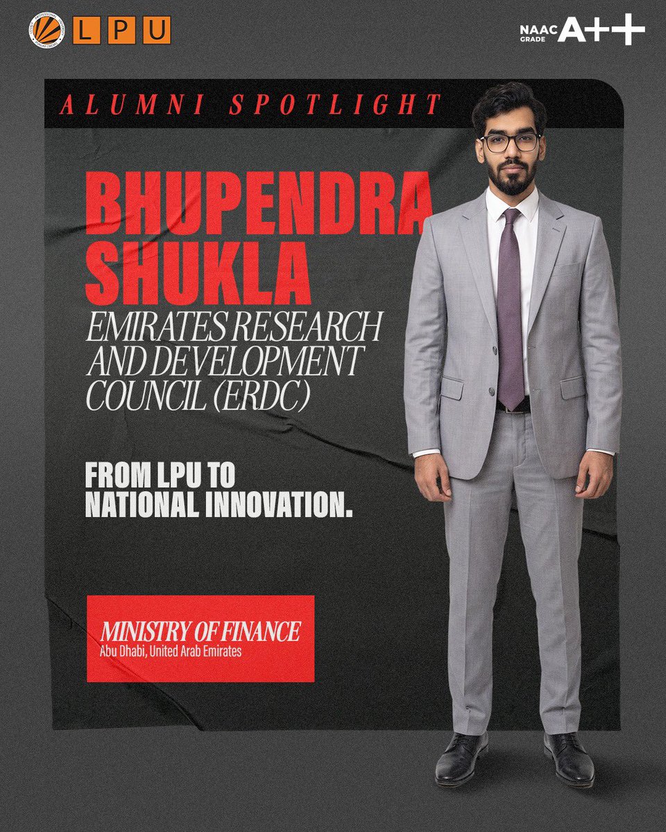 lpuuniversity's tweet photo. Congratulations to LPU Class of 2016 Alumnus Bhupendra Shukla, now serving as Section Head at the Emirates Research and Development Council (ERDC), Ministry of Finance, Abu Dhabi, contributing to the nation's research &amp; development. 
#ApplyNow at https://t.co/svkmtYWTU7 https://t.co/ikeTMjbrbQ