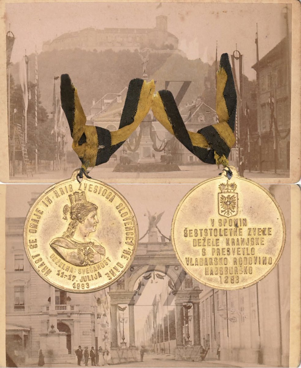 HeraldicaSVN's tweet photo. Ob 600-letnici zveze Kranjske s habsburško oblastjo leta 1883 je Deželni odbor šolski mladini izdal slovesno diplomo. Francu Jožefu I. so podarili zbirko akvarelov lokalne flore s kranjskim grbom, v spomin na jubilej pa izdelali medaljo s personifikacijo Kranjske. https://t.co/CtEkwXahWG