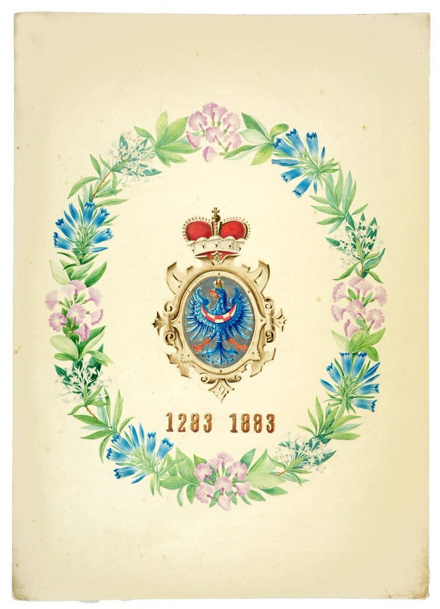 HeraldicaSVN's tweet photo. Ob 600-letnici zveze Kranjske s habsburško oblastjo leta 1883 je Deželni odbor šolski mladini izdal slovesno diplomo. Francu Jožefu I. so podarili zbirko akvarelov lokalne flore s kranjskim grbom, v spomin na jubilej pa izdelali medaljo s personifikacijo Kranjske. https://t.co/CtEkwXahWG