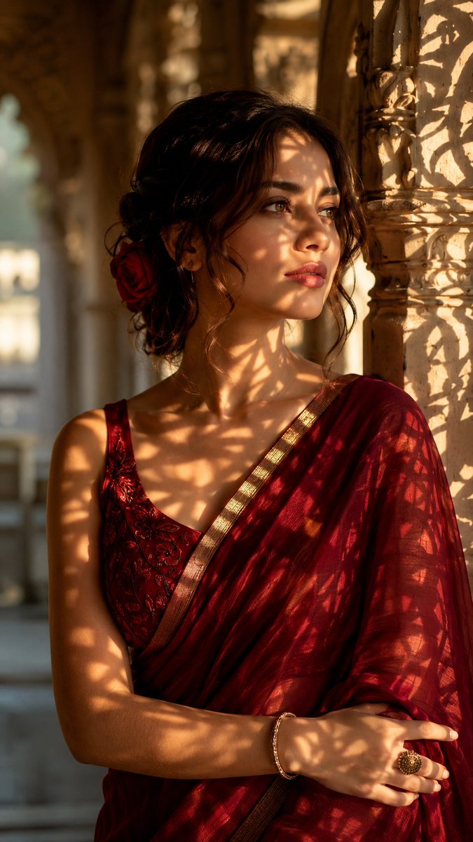 Crimson Silk Saree Palace Portrait