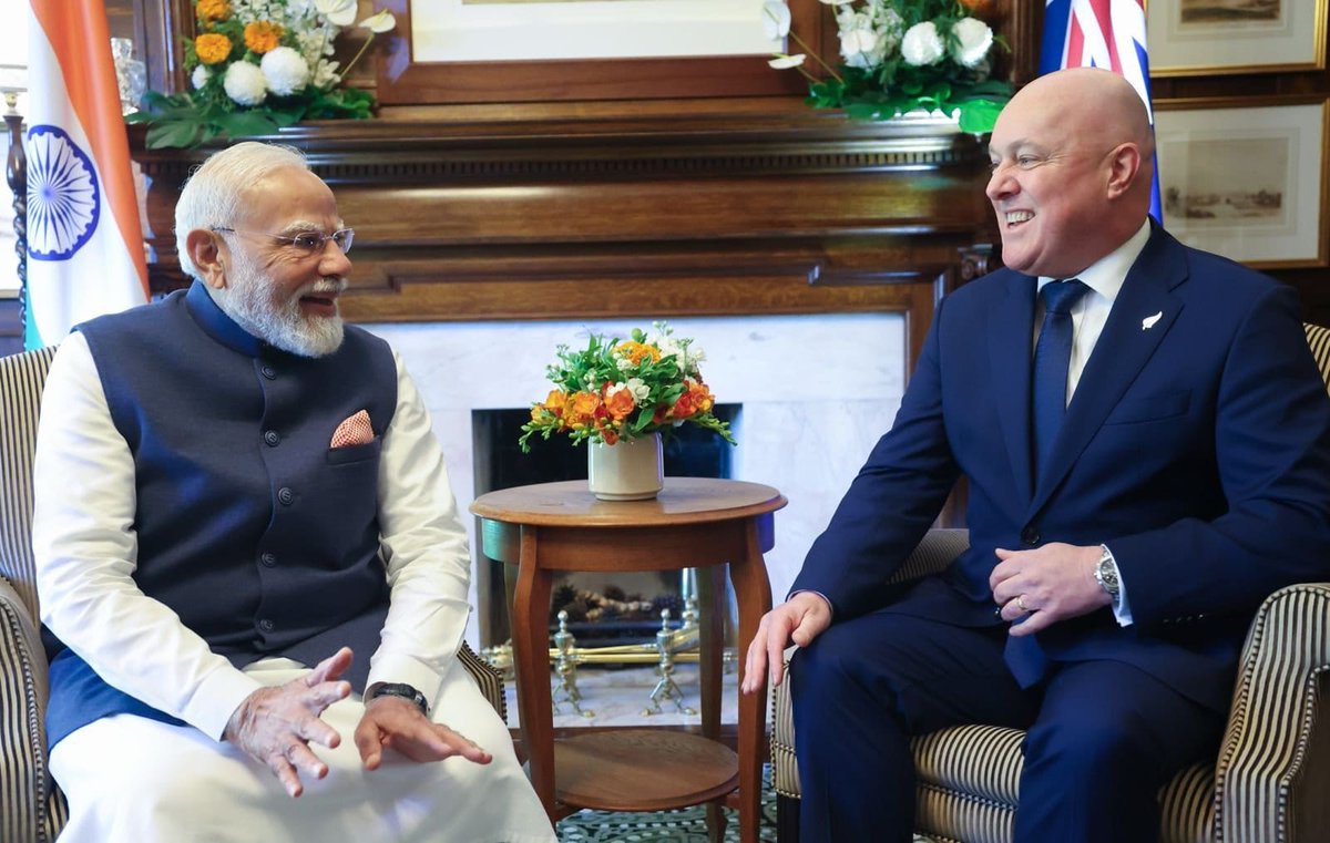 PMOIndia's tweet photo. Prime Ministers @narendramodi and @chrisluxonmp held productive talks in Auckland.

The two leaders decided to elevate India-New Zealand ties to a Strategic Partnership. They discussed expanding cooperation in sectors such as trade, investment, technology, agriculture, dairy, food processing, healthcare, defence and security.

The leaders also emphasised the importance of people-to-people ties and agreed to strengthen cooperation in education, sports, culture and more.