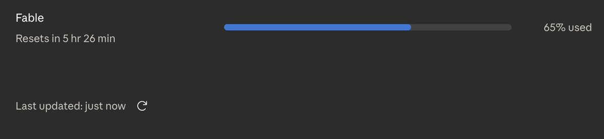 keyur19198's tweet photo. Cranking in as much Fable 5 usage as possible before the July 12 cutoff. Have been able to get a lot done with Fable 5 vs unfortunately GPT 5.6 Sol ends up consuming too many tokens too quickly and need to wait for 5 hour limit to reset. Hope @ClaudeDevs shares one more news of reset this weekend :)