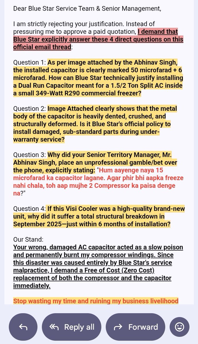 gmbhandar's tweet photo. We formally request the @BlueStarLtd MD Office to stop sending template rejections and provide a direct, point-by-point written answer to the critical technical and behavioral questions explicitly raised in our email @BlueStarCare @bthiagarajan https://t.co/MGQkWwFX7v