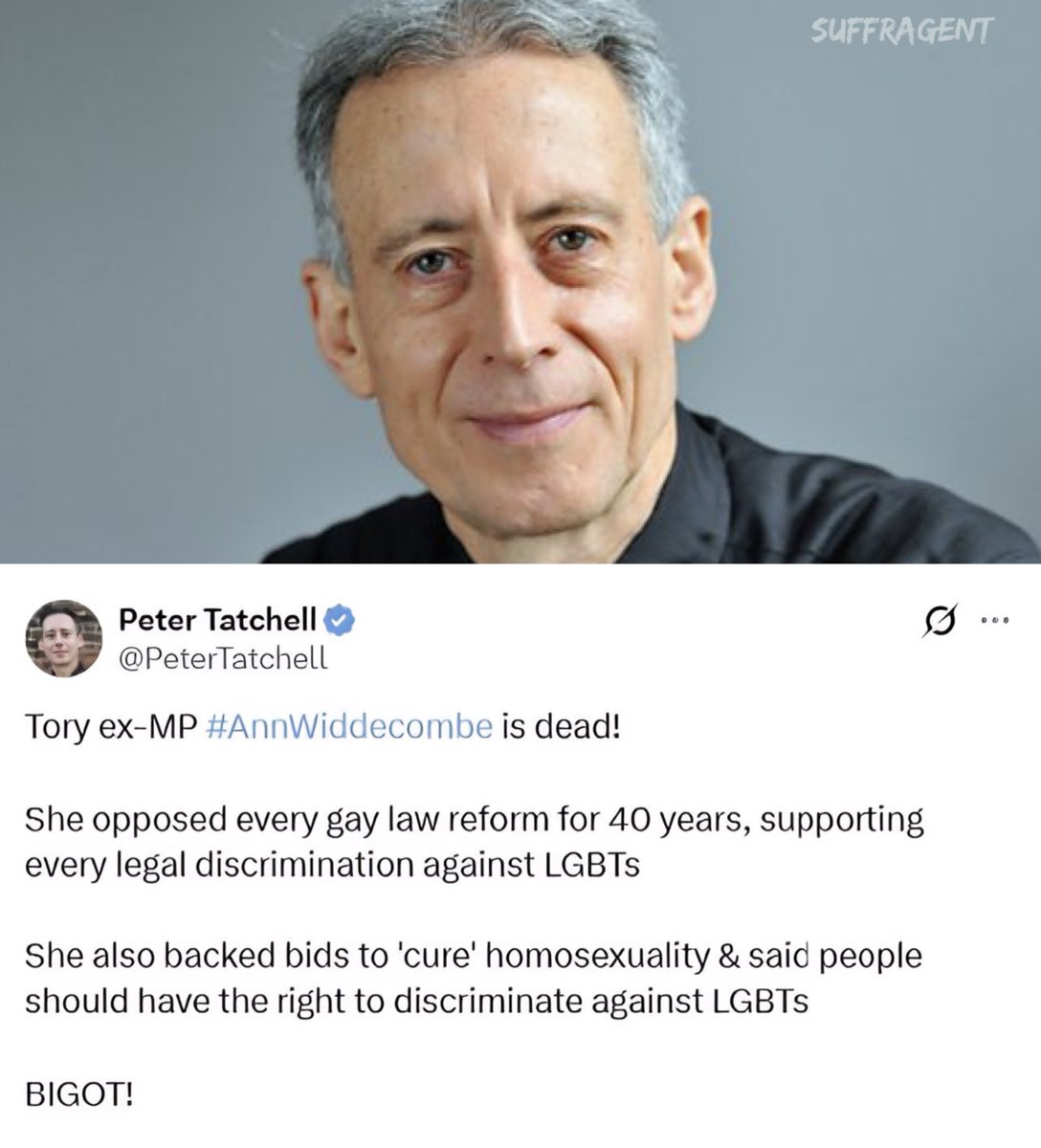 Suffragent_'s tweet photo. Ann Widdecombe was bludgeoned to death and spent her final moments in abject terror. Her family are devastated and a murder investigation remains active.

Yet @PeterTatchell - a 'human rights advocate' - celebrated her demise with utter glee. Deport him back to Australia ASAP. https://t.co/L1MGhQLooT