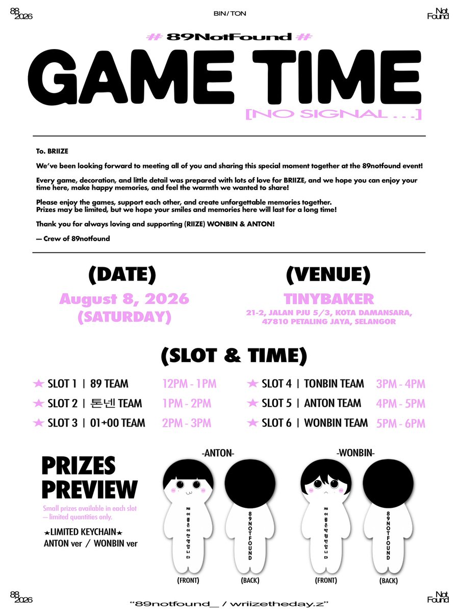 89notfound_'s tweet photo. ⁺‧₊˚89NOTFOUND˚₊‧⁺
2026 RIIZE ANTON &amp; WONBIN CUPSLEEVE EVENT

-
Mini Game Poster &amp; Prizes Preview

-
Prize Preview Time!
Join the games, complete the challenges, and take home exciting prizes!

-
More updates soon — stay tuned!!!

-
Hashtag (#89notfound_)
#ANTON #WONBIN https://t.co/pPkG1Qfc25