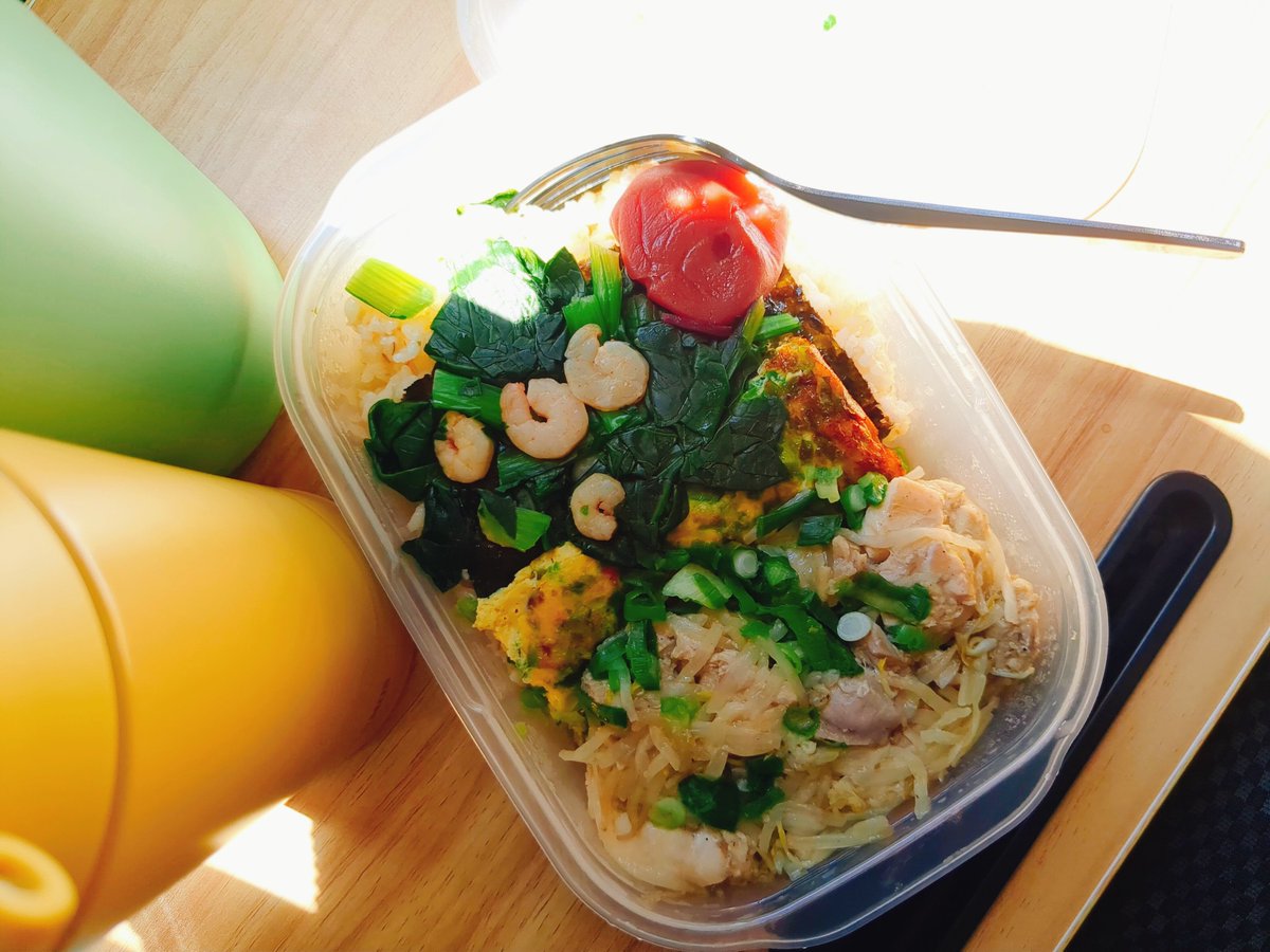 sachi_fire's tweet photo. 今日のお弁当。エビと小松菜、鶏肉ともやしの炒め物などなど……！
梅干しがめちゃくちゃいいアクセントになってる。しっかり食べて午後も頑張ろう🍱✨
 #お弁当記録  #ランチタイム  #手抜きごはん https://t.co/z8XZ5Bqe32
