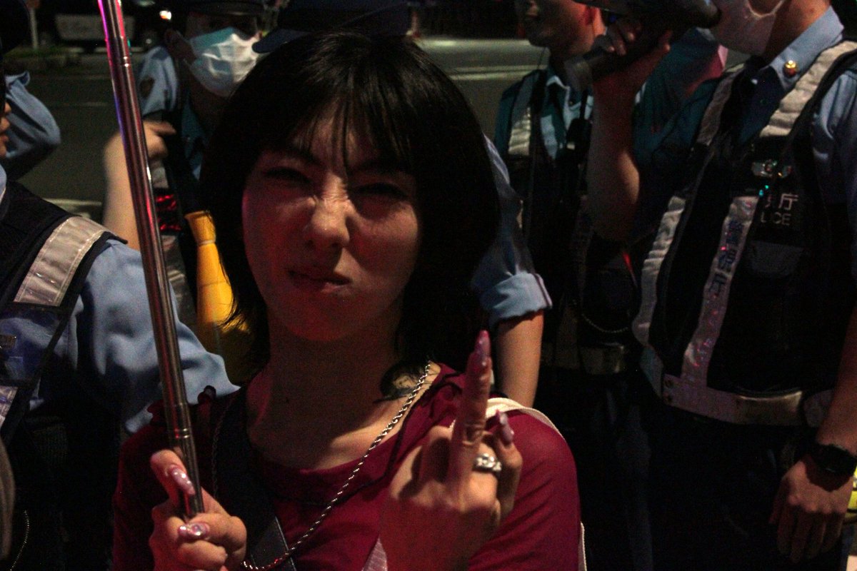 writerofscratch's tweet photo. Portrait of a very angry @haru_nemuri at yesterday's protest, upset because the police didn't allow people to cross the street. https://t.co/kT81HEjtIq