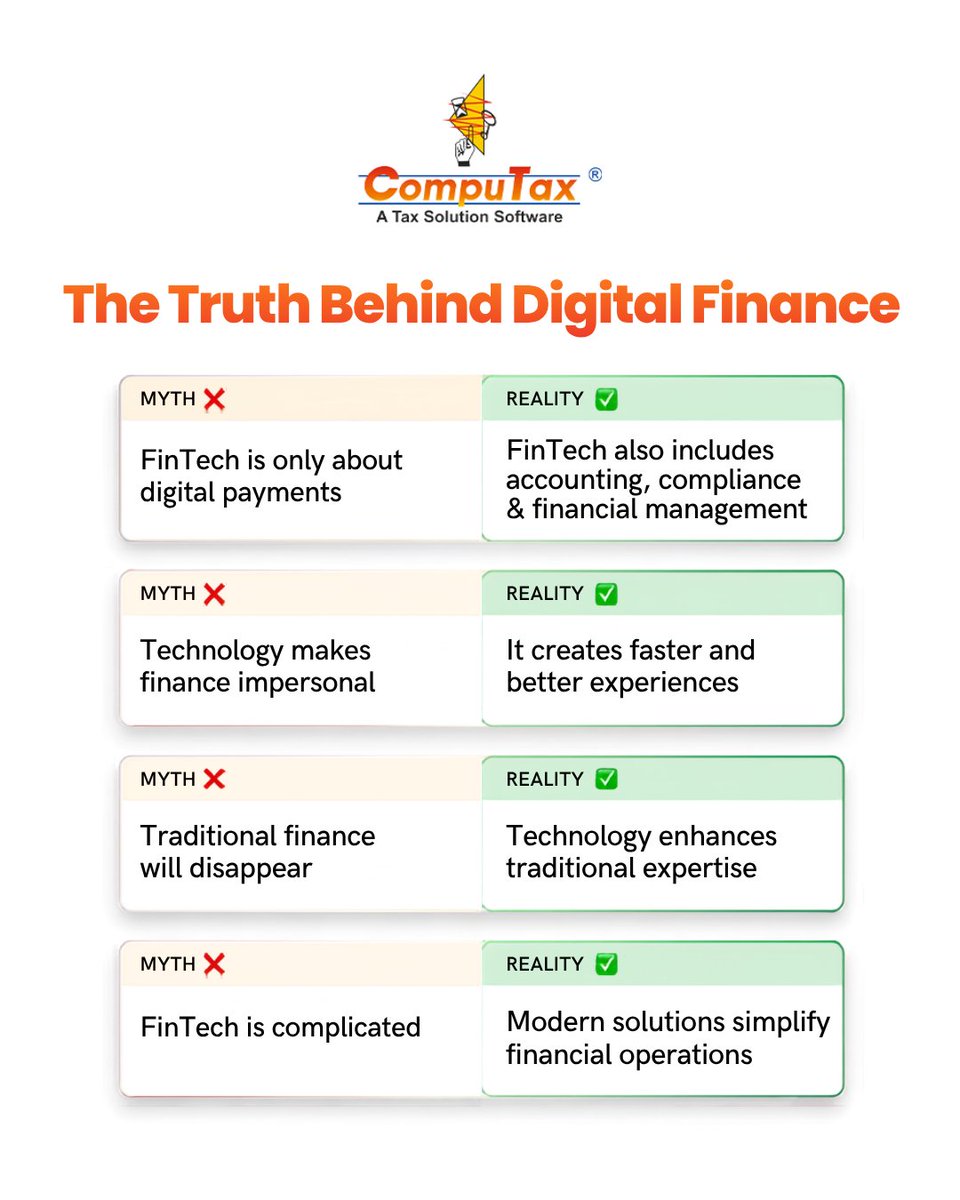 computaxonline's tweet photo. 💡 Myths fade. Facts drive growth.

FinTech is much more than digital payments -it's transforming accounting, compliance, financial management, and customer experiences. https://t.co/JvSS1yECOw