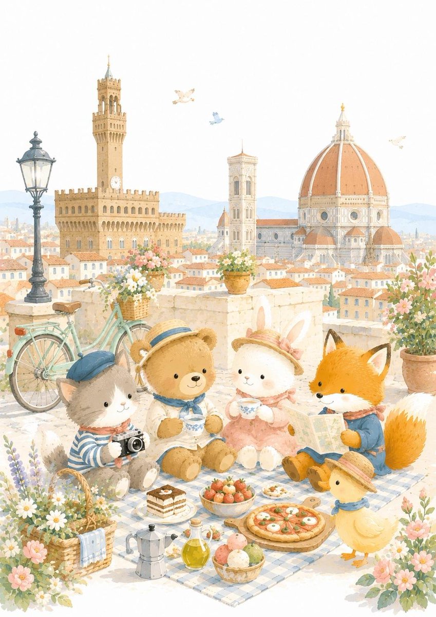 Goodmanprotocol's tweet photo. A group of adorable animal friends just started a journey together 🧸🦊🐰🐥

Every city turns into a little storybook through their eyes 👀 

GPT Image 2 on ChatGPT 

Prompt:
Create an adorable children's storybook travel illustration of **[CITY]**.

The illustration should feel like a gentle picture book filled with warmth, kindness, curiosity, and peaceful everyday happiness.

STYLE

Render in a premium hand-painted gouache illustration style inspired by Scandinavian and Japanese children's picture books.

The overall image should have a sophisticated, bright white editorial aesthetic rather than a warm beige or yellow paper tone.

Use:
• Bright museum-white background
• Clean, sophisticated white tones
• Soft gouache texture
• Powdery matte finish
• High-key lighting
• Airy atmosphere
• Generous clean negative space
• Soft pastel color palette
• Subtle paper grain
• Rounded, simplified shapes
• Soft organic curves
• Minimal details
• Cozy warmth combined with elegant editorial aesthetics
• Gentle natural morning sunlight
• Soft diffused lighting
• No harsh shadows
• No realism
• No photorealism
• No 3D rendering
• No vector appearance

Avoid:
• Yellowish paper
• Cream-heavy backgrounds
• Vintage paper texture
• Sepia tones
• Brown tint
• Dirty whites
• Dark shadows

The illustration should resemble a premium contemporary children's picture book with a bright, clean, sophisticated white atmosphere.

--------------------------------------------------

COMPOSITION

The foreground is the primary storytelling area.

Place 3–5 adorable animals naturally interacting together.

Examples:
• Fluffy cats
• Rabbits
• Foxes
• Bears
• Squirrels
• Ducks
• Puppies

The animals should have:
• Tiny dot eyes
• Tiny noses
• Rounded bodies
• Short legs
• Fluffy appearance
• Calm facial expressions
• Simple children's book proportions

They are happily traveling together.

Examples of activities:
• Having a picnic
• Drinking tea
• Eating local desserts
• Looking at a travel map
• Taking photos
• Waving
• Sitting together
• Chatting
• Enjoying flowers

The animals should be the emotional focus of the illustration.

--------------------------------------------------

BACKGROUND

Behind the animals, include only **two** iconic landmarks from **[CITY]**.

Choose the city's two most recognizable landmarks.

Keep them simplified, soft, storybook-like, and naturally integrated into the scenery.

Avoid crowded skylines.

Also include small local elements such as:
• Flowers
• Trees
• Cafés
• Bicycles
• Boats
• Birds
• Local foods
• Seasonal plants
• Street lamps
• Local architecture

Everything should blend seamlessly into one harmonious little world with generous clean white space.

--------------------------------------------------

COLOR PALETTE

Use only soft, muted colors.

Dominant colors:
• Pure white
• Warm white
• Soft ivory
• Sage green
• Dusty blue
• Muted orange
• Terracotta
• Pale yellow
• Olive green
• Soft coral

Avoid:
• Neon colors
• Heavy contrast
• Pure black
• Dramatic lighting
• Saturated colors
• Yellowish overall tint

--------------------------------------------------

MOOD

The illustration should evoke:
• A peaceful spring morning
• A cozy family trip
• A relaxing holiday
• A Gentle breeze
• Childhood wonder
• Friendship
• Warmth
• Comfort
• Happiness

The viewer should feel:

"I wish I could step inside this little world."

--------------------------------------------------

QUALITY

• Premium children's picture book illustration
• Bright contemporary editorial aesthetics
• High visual harmony
• Sophisticated clean white background
• Soft hand-painted gouache texture
• Cozy and heartwarming
• Cute yet elegant
• Minimal yet richly detailed
• Vertical A4 composition
• No text
• No logos
• No watermarks