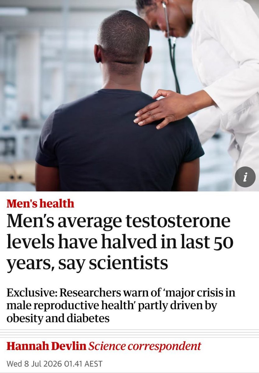 MarcoDabizzi's tweet photo. I livelli medi di testosterone negli uomini si sono dimezzati negli ultimi 50 anni.

Il che è evidente, basta guardarsi a giro.

La soluzione è stata... abbassare il range di valori normali negli esami. https://t.co/VDasF9Pkyl