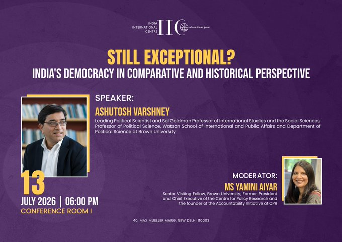 rahul_tverma's tweet photo. Indian Politics Discussion @IIC_Delhi 

Monday, July 13, 6:00 pm, IIC Conf. room 1

Ashutosh Varshney in conversation with @AiyarYamini on Indian Democracy 

---

Pradeep Chhibber @BDUTT @Roshanjnu &amp; myself on Indian Elections

Wednesday, July 15, 6:30, IIC Annex Lecture Room II https://t.co/eQgXNZUCyy