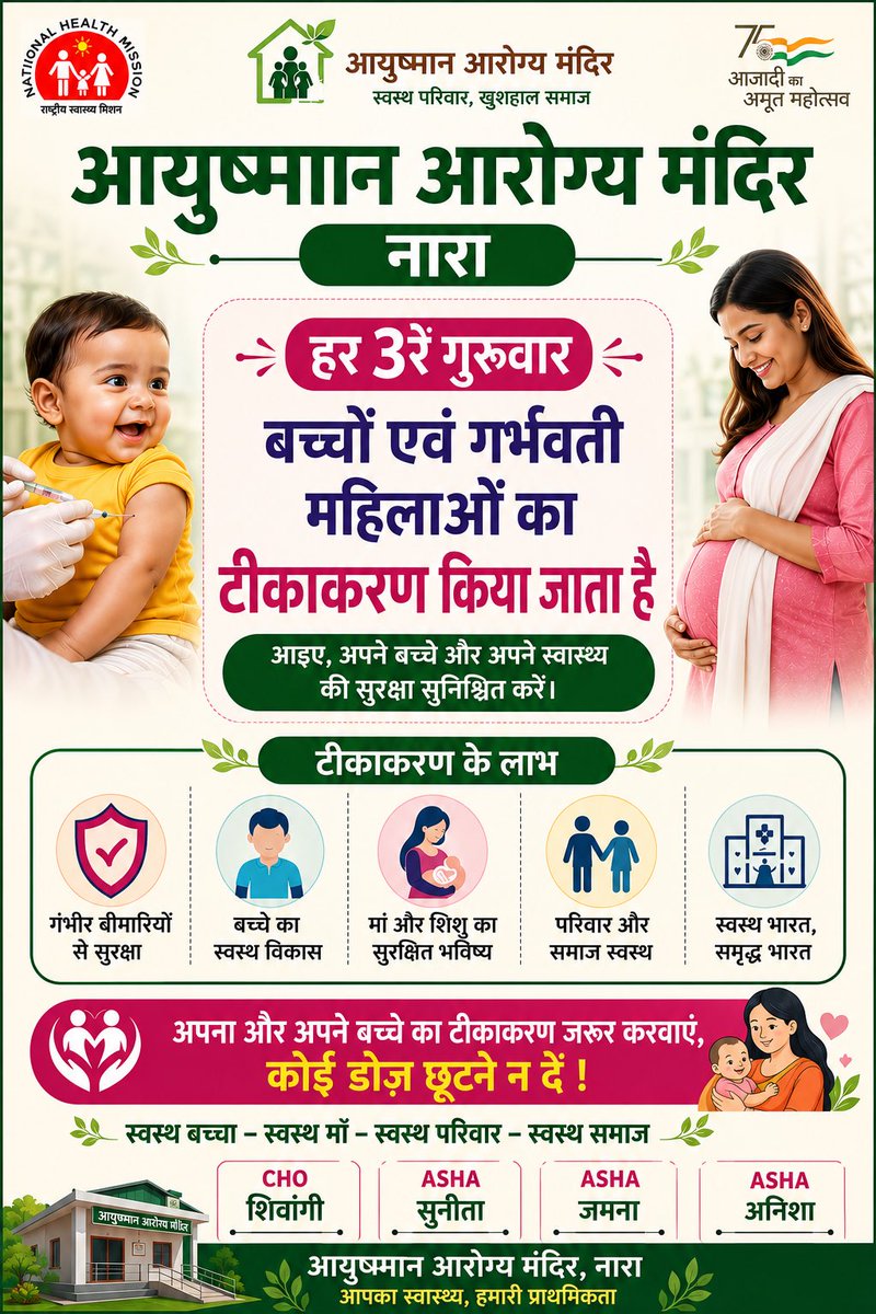 CentreNara's tweet photo. *“हर बच्चे और हर गर्भवती महिला का समय पर टीकाकरण, स्वस्थ परिवार की पहचान।*💉🤰👶
*आइए, प्रत्येक तीसरे गुरुवार को आयुष्मान आरोग्य मंदिर, नारा में निःशुल्क टीकाकरण सेवा का लाभ उठाएँ।*
*एक भी टीका न छूटे — सुरक्षित माँ, स्वस्थ शिशु, खुशहाल भविष्य।*🇮🇳💚” https://t.co/tHA99SI94l