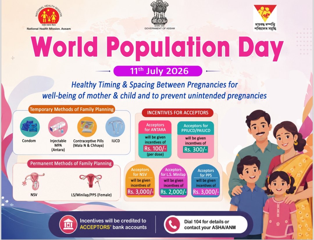nhm_assam's tweet photo. #WorldPopulationDay 2026! Prioritize family well-being with safe, effective spacing methods. Financial incentives for acceptors are credited directly to bank accounts. Reach out to your local ASHA/ANM or call 104 to learn more. ✨ 

#AssamHealth #FamilyPlanning https://t.co/gw0vJiEIHu