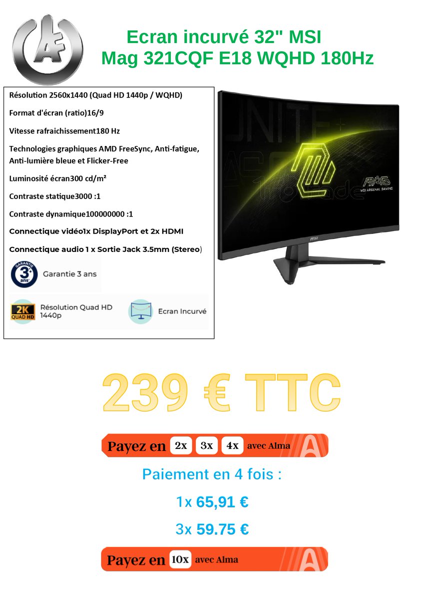 Arcade_France's tweet photo. #MSI #incurve #180hz # 321CQF #27 pouces https://t.co/1dCx4RNukP