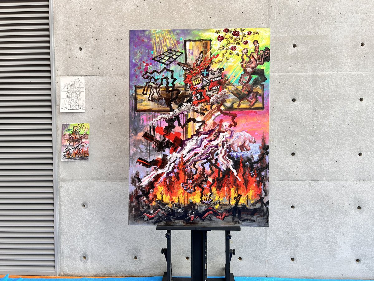 nariwamuseum's tweet photo. 加藤竜氏によるライブペインティング
ついに作品が完成しました！

十字架にかけられたロバ
ーーー感じるのは破滅か希望か

この作品は、このあとも引き続き
1階多目的展示室に展示します。
 ぜひご覧下さい。

※加藤竜氏のライブペインティングは終了しました。

#ryokato #加藤竜 https://t.co/E4xPSyUnvb