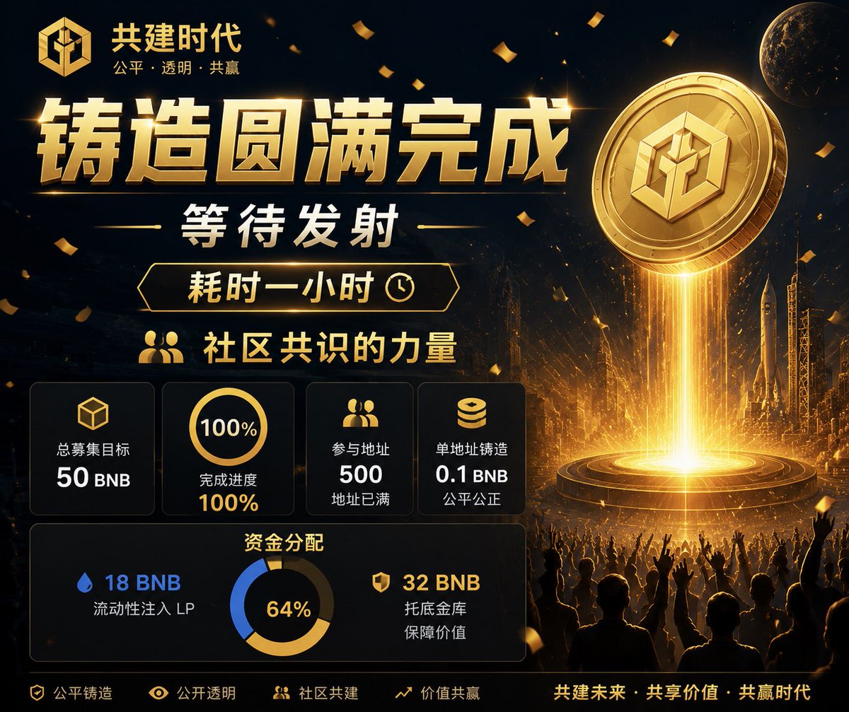 Flapgjsd's tweet photo. 铸造已完成

社区共识就是最大的力量

耗时一小时募集50个BNB

Bsc链上首个公平铸造托底协议即将上线

@webhogwatrs @eth_cedric  @flapdotsh https://t.co/KmvAZ3gIRm